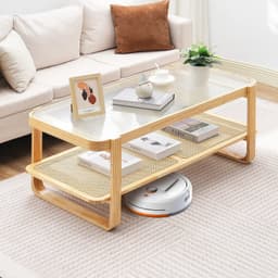 image-VEVOR Rattan Coffee Table, Rectangle Rattan Woven Wood Coffee Table with Tempered Glass Top, 45-Inch Modern Boho Storage Coffee Table with Natural Wood Legs, for Living Room, Bedroom & Small Spaces