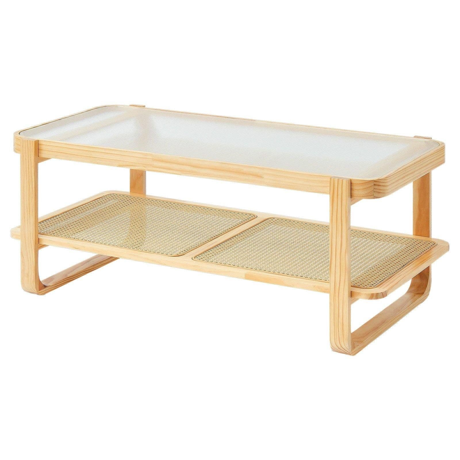 image-VEVOR Rattan Coffee Table, Rectangle Rattan Woven Wood Coffee Table with Tempered Glass Top, 45-Inch Modern Boho Storage Coffee Table with Natural Wood Legs, for Living Room, Bedroom & Small Spaces