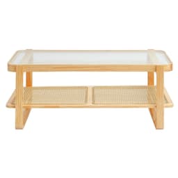 image-VEVOR Rattan Coffee Table, Rectangle Rattan Woven Wood Coffee Table with Tempered Glass Top, 45-Inch Modern Boho Storage Coffee Table with Natural Wood Legs, for Living Room, Bedroom & Small Spaces