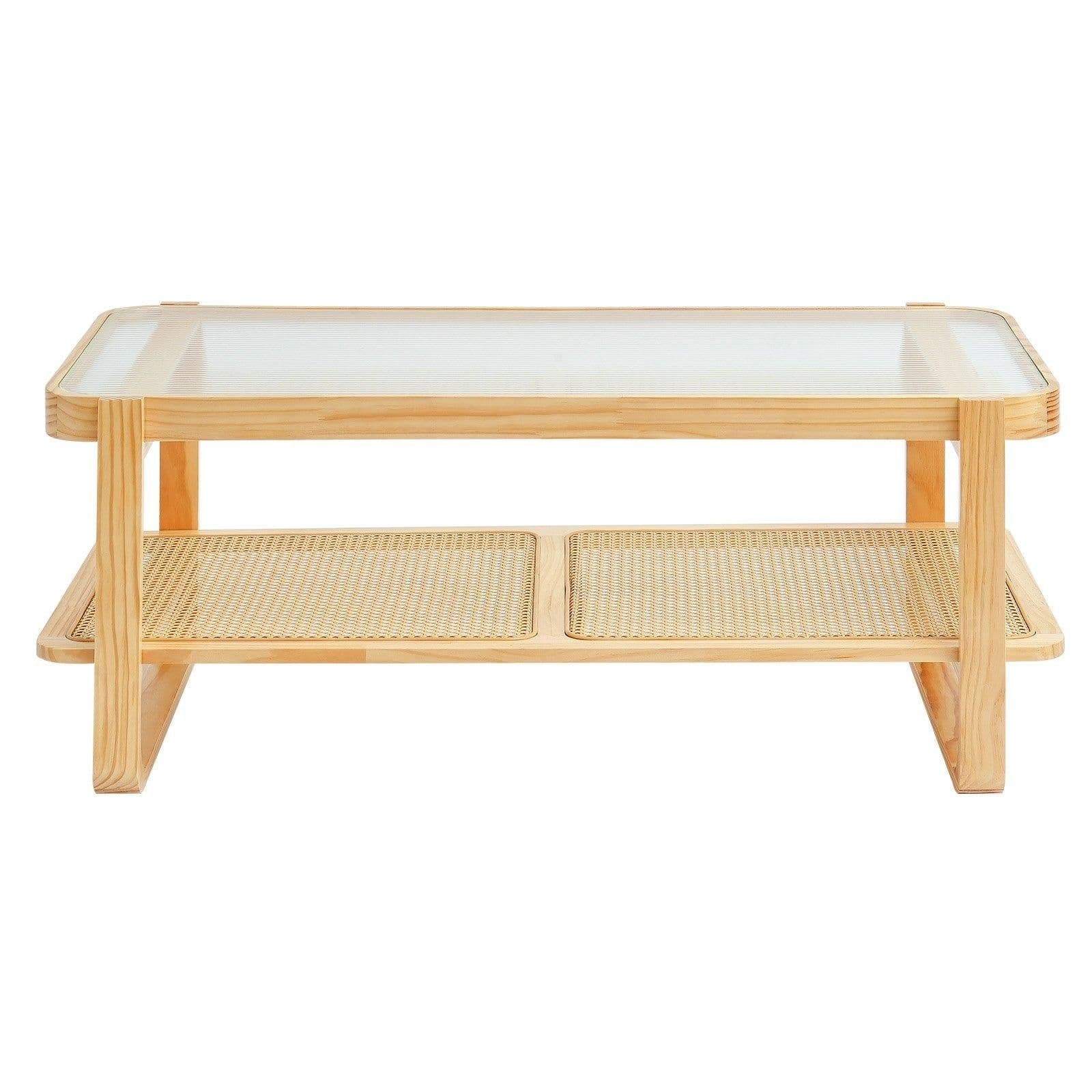 image-VEVOR Rattan Coffee Table, Rectangle Rattan Woven Wood Coffee Table with Tempered Glass Top, 45-Inch Modern Boho Storage Coffee Table with Natural Wood Legs, for Living Room, Bedroom & Small Spaces