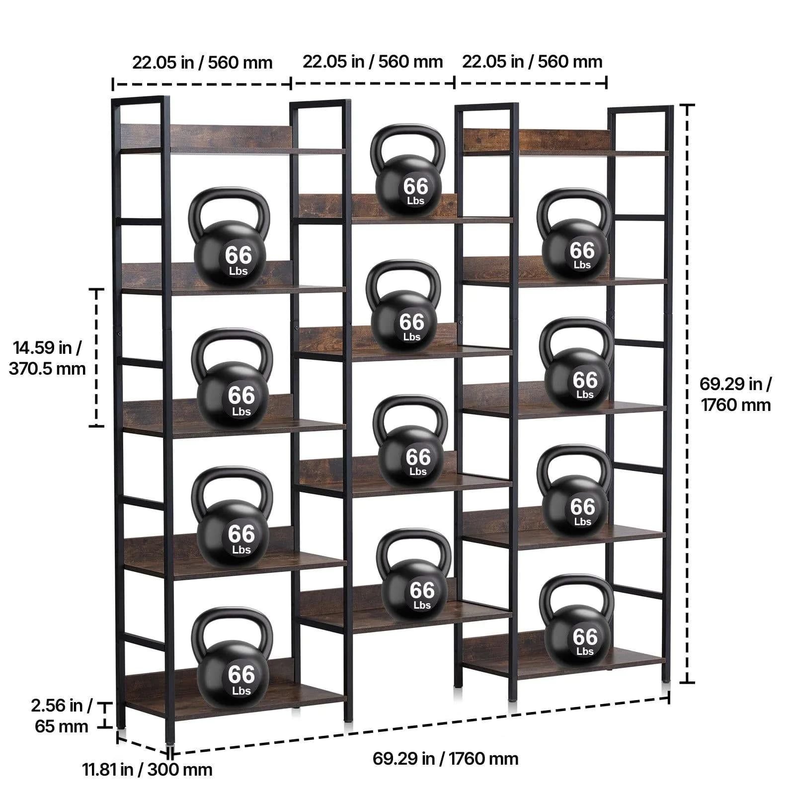 image-VEVOR Triple Metal Bookshelf, 14-Tier Industrial Bookshelf, Large Rustic Vintage Storage Bookcase with Open Shelves, Freestanding Display Shelving Unit Storage Rack, for Living room, Bedroom & Office