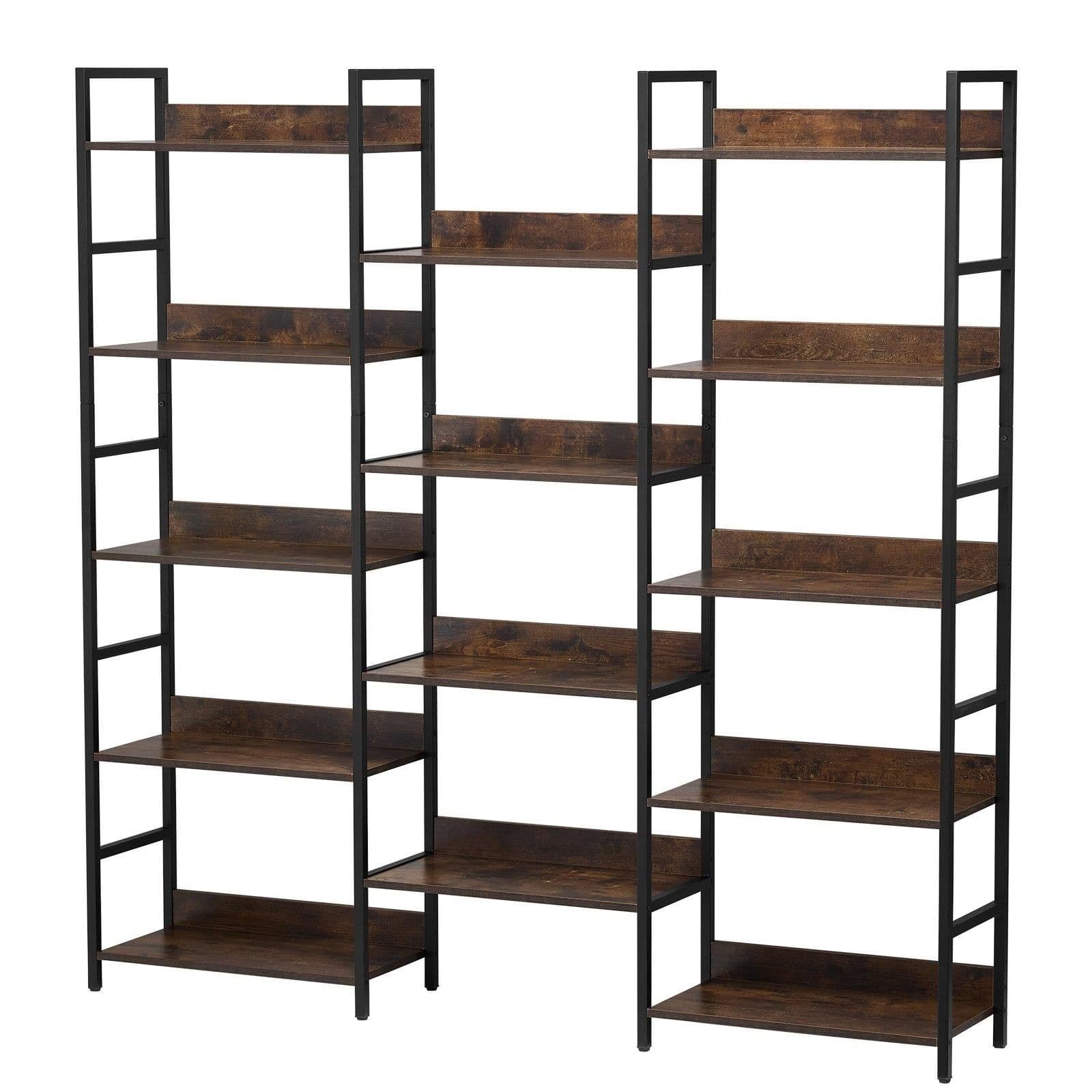 image-VEVOR Triple Metal Bookshelf, 14-Tier Industrial Bookshelf, Large Rustic Vintage Storage Bookcase with Open Shelves, Freestanding Display Shelving Unit Storage Rack, for Living room, Bedroom & Office