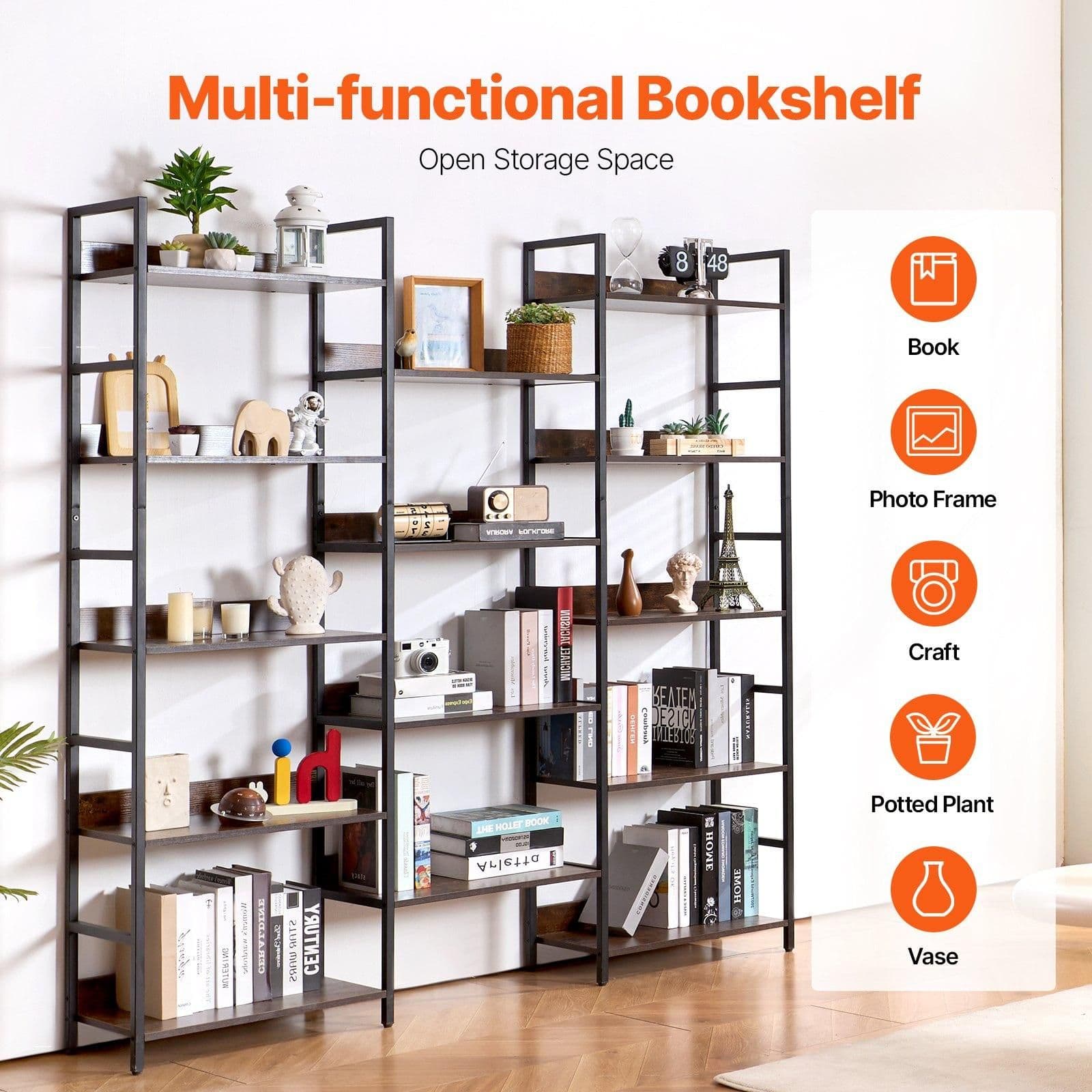 image-VEVOR Triple Metal Bookshelf, 14-Tier Industrial Bookshelf, Large Rustic Vintage Storage Bookcase with Open Shelves, Freestanding Display Shelving Unit Storage Rack, for Living room, Bedroom & Office