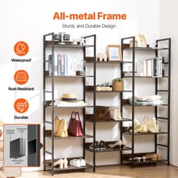 image-VEVOR Triple Metal Bookshelf, 14-Tier Industrial Bookshelf, Large Rustic Vintage Storage Bookcase with Open Shelves, Freestanding Display Shelving Unit Storage Rack, for Living room, Bedroom & Office
