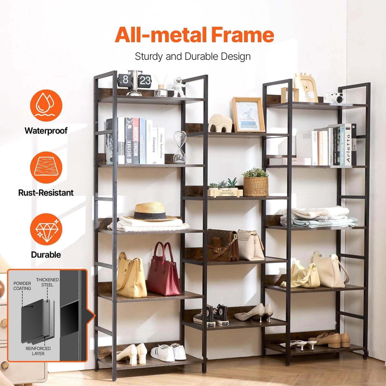 image-VEVOR Triple Metal Bookshelf, 14-Tier Industrial Bookshelf, Large Rustic Vintage Storage Bookcase with Open Shelves, Freestanding Display Shelving Unit Storage Rack, for Living room, Bedroom & Office