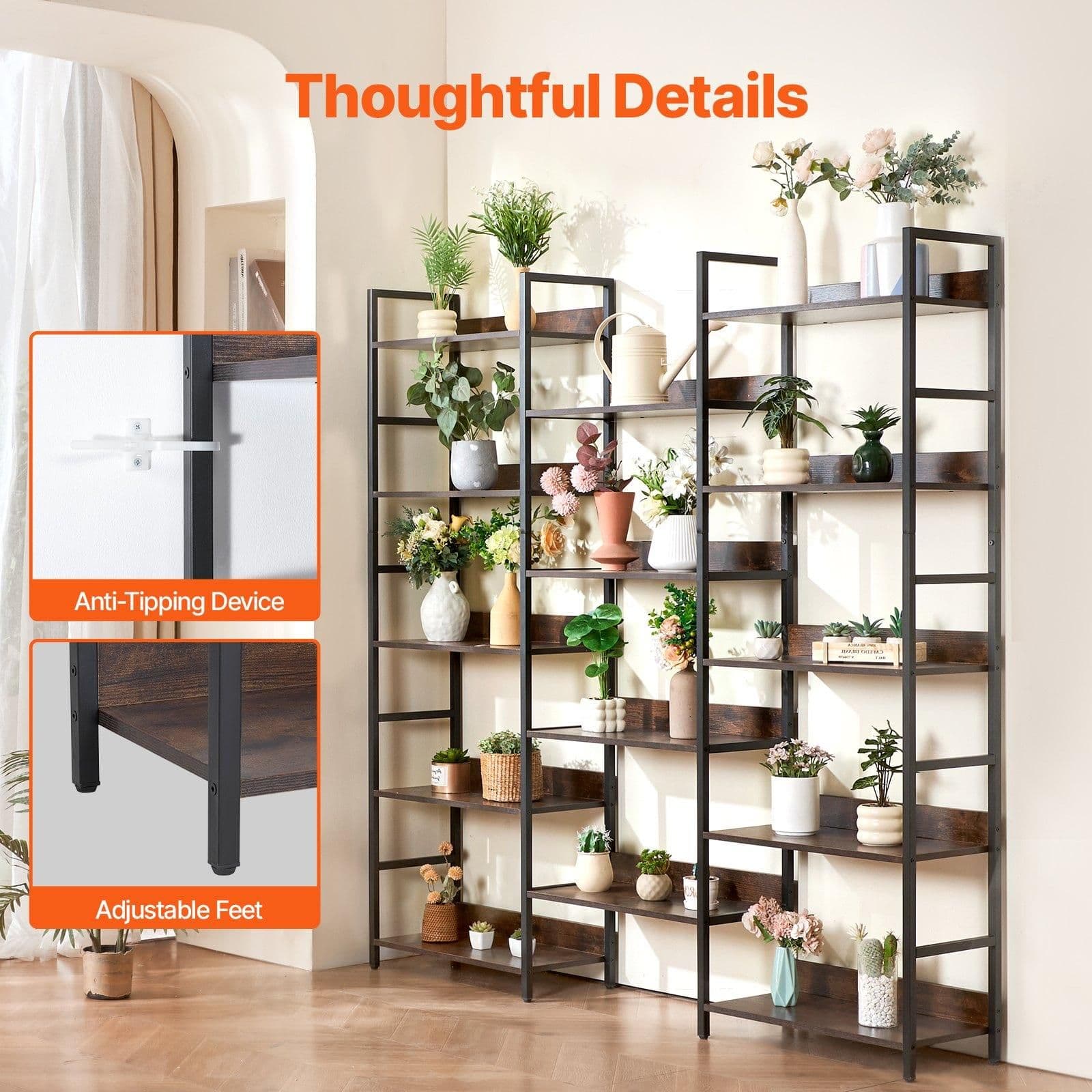 image-VEVOR Triple Metal Bookshelf, 14-Tier Industrial Bookshelf, Large Rustic Vintage Storage Bookcase with Open Shelves, Freestanding Display Shelving Unit Storage Rack, for Living room, Bedroom & Office