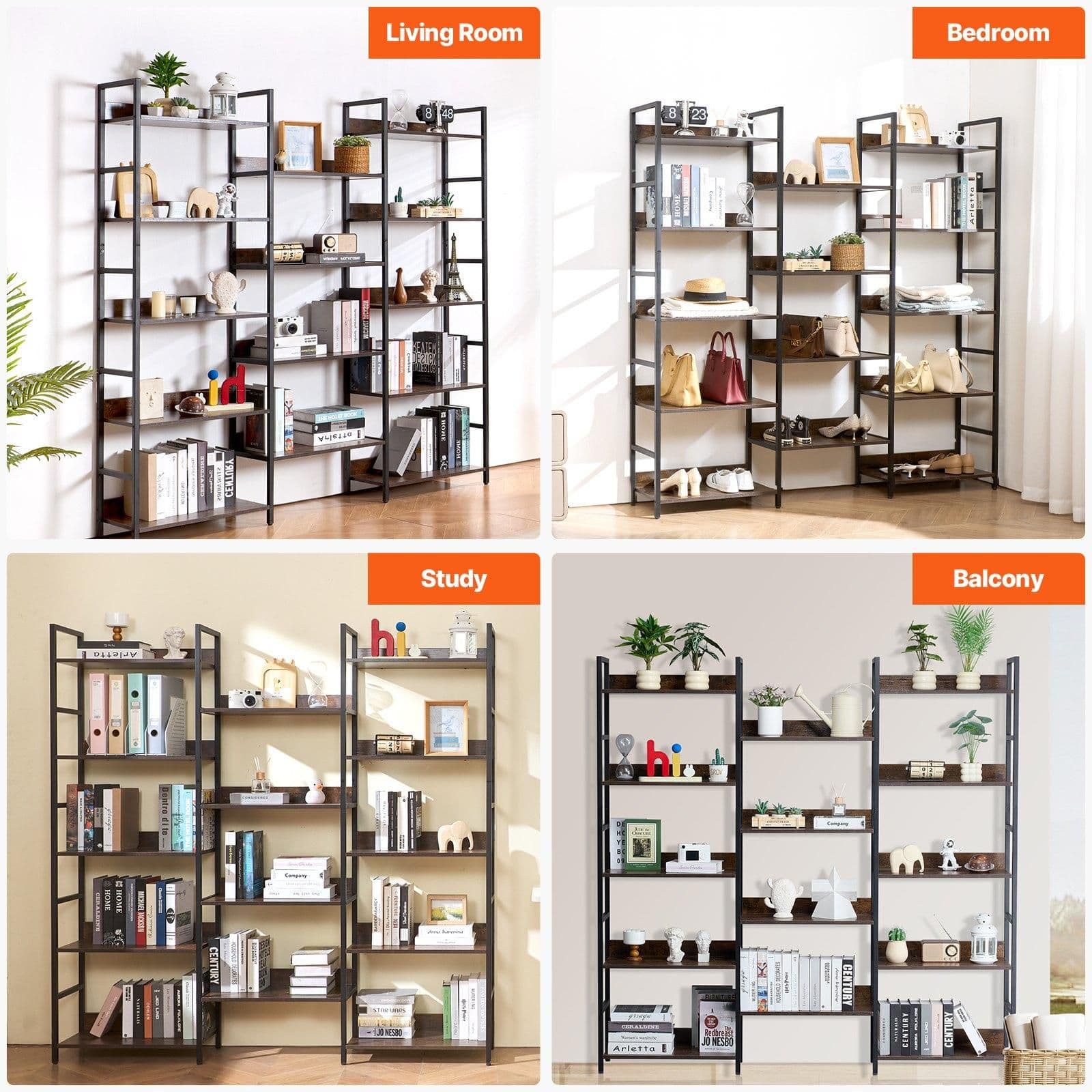 image-VEVOR Triple Metal Bookshelf, 14-Tier Industrial Bookshelf, Large Rustic Vintage Storage Bookcase with Open Shelves, Freestanding Display Shelving Unit Storage Rack, for Living room, Bedroom & Office
