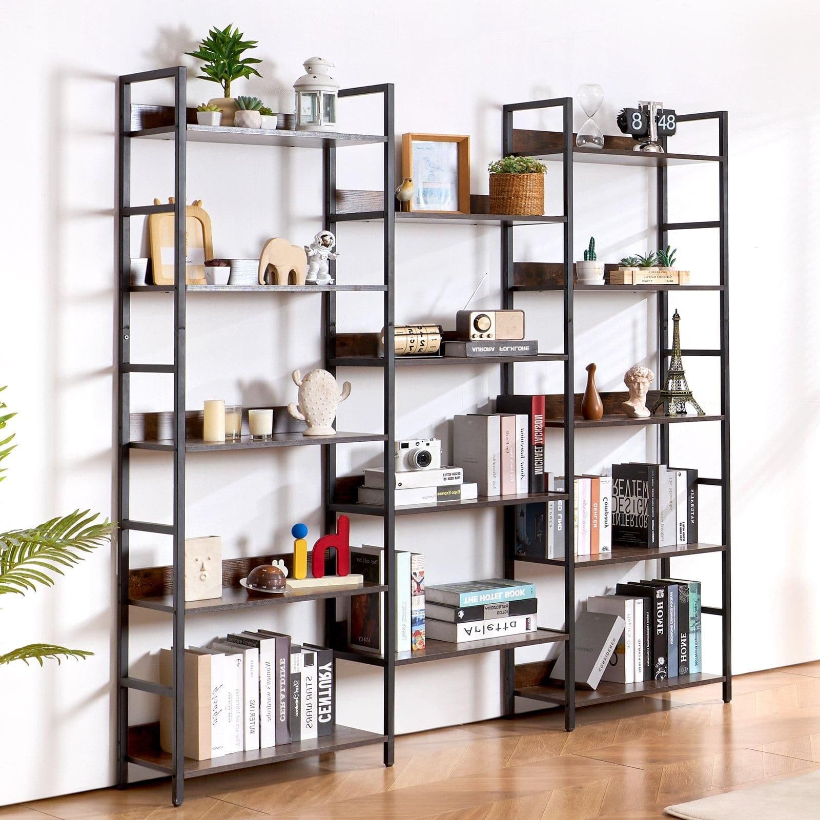 image-VEVOR Triple Metal Bookshelf, 14-Tier Industrial Bookshelf, Large Rustic Vintage Storage Bookcase with Open Shelves, Freestanding Display Shelving Unit Storage Rack, for Living room, Bedroom & Office