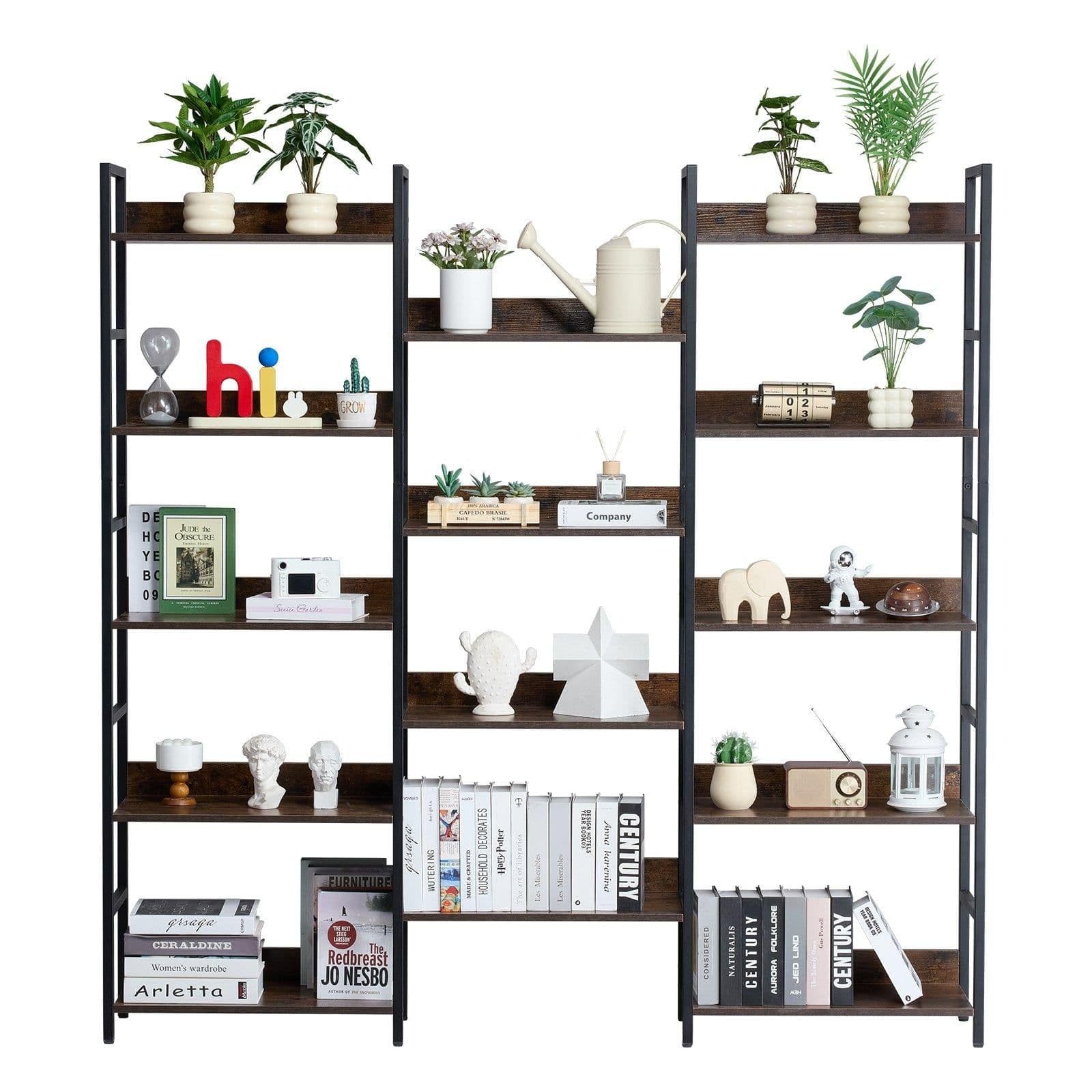 image-VEVOR Triple Metal Bookshelf, 14-Tier Industrial Bookshelf, Large Rustic Vintage Storage Bookcase with Open Shelves, Freestanding Display Shelving Unit Storage Rack, for Living room, Bedroom & Office