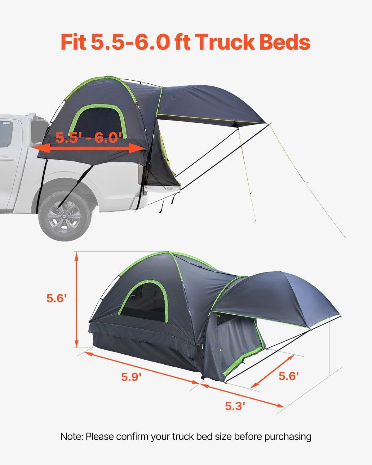 image-VEVOR Pickup Truck Tent, Fits 5.5-6.0 ft Truck Tents for Camping, Waterproof PU2000 mm 2-3 Person Sleeping Truck Bed Tent, Sturdy Truck Bed Camper Shell with Expandable Awning, Rainfly, Storage Bag