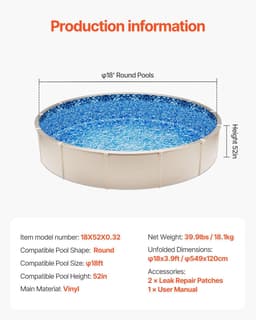 image-VEVOR 18-ft Round Above Ground Pool Liner, Unibead Pool Liners, Standard Gauge, 52inch Wall Height, Designed for Steel Sided Above-Ground Swimming Pools