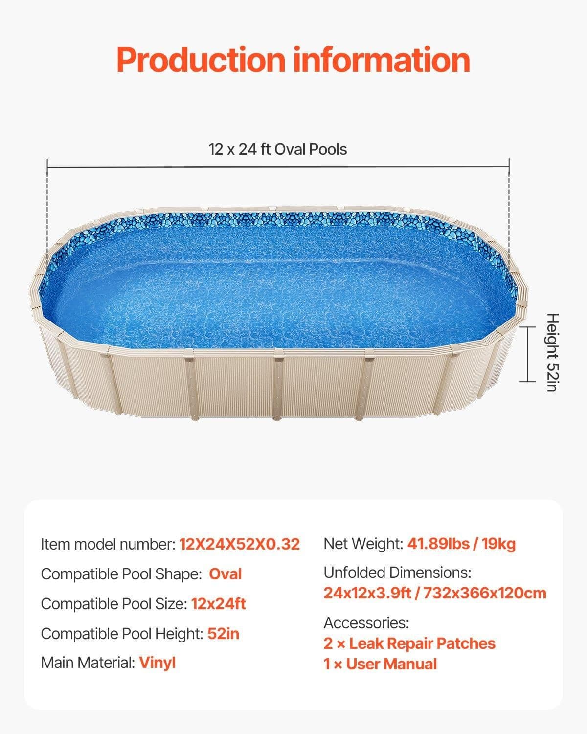 image-VEVOR 12 x 24 ft Oval Pool Liner, Unibead Above Ground Pool Liners, 52in Wall Height, Durable Standard Gauge Vinyl, Designed for Steel Sided Above-Ground Swimming Pools