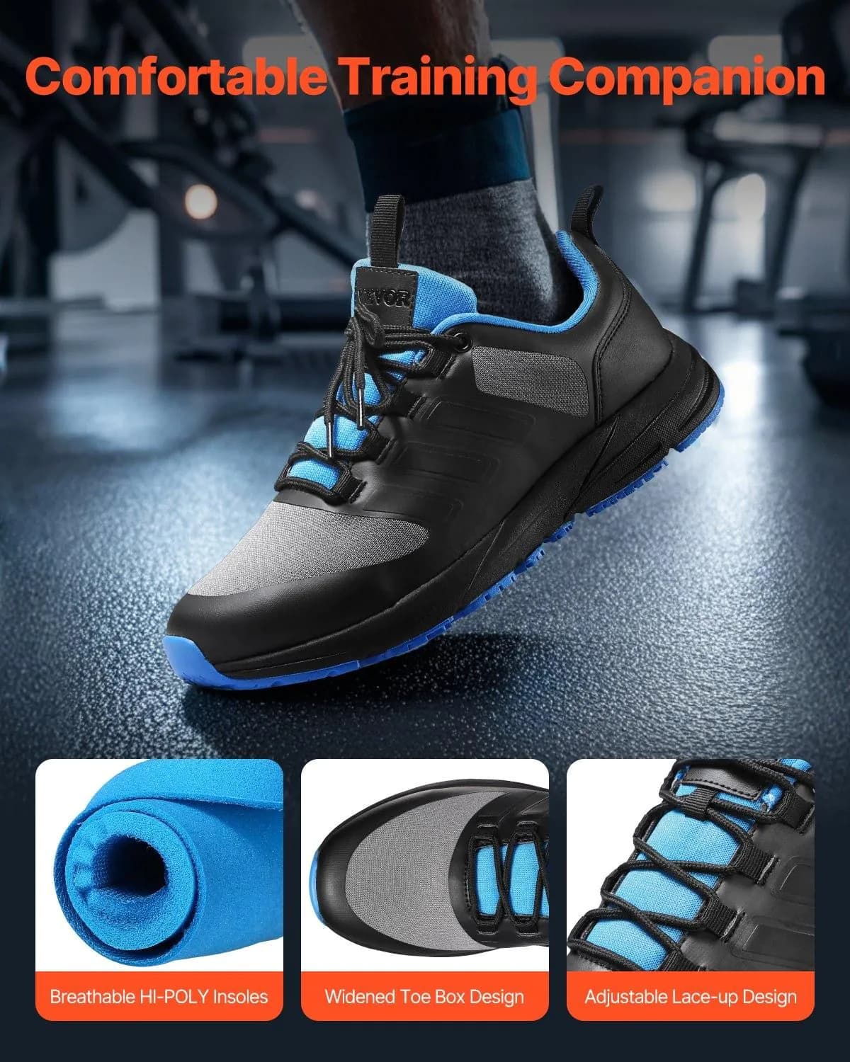 image-VEVOR Cross Training Shoes, M Width Sneakers US Size 8, Wide Toe Box Shoes with Arch Support & Adjustable Lace-up, Training Shoes for Running, Gymnastics, Dog Walking, and Weightlifting (Black)