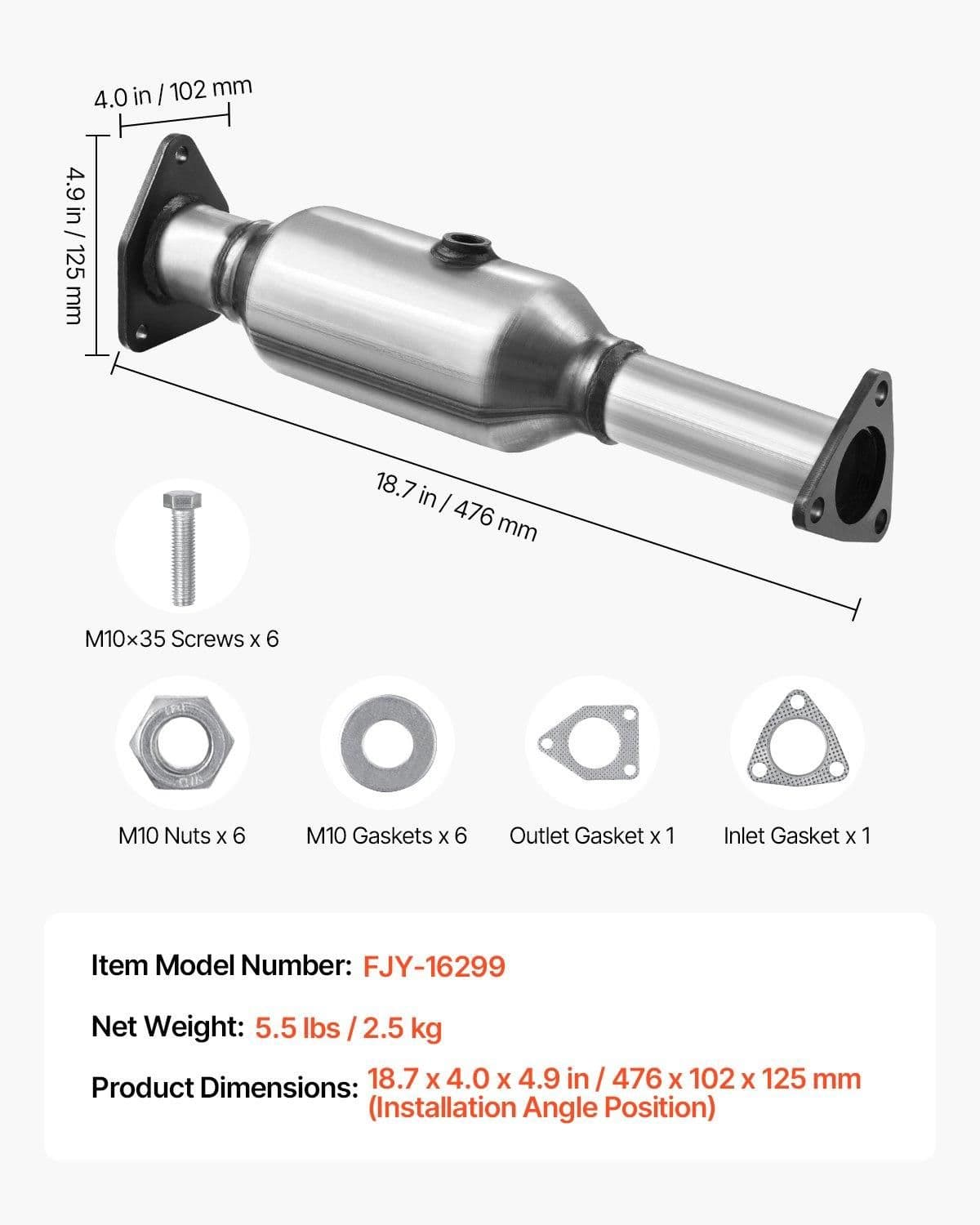 image-VEVOR Catalytic Converter, Compatible with Honda Accord 2.4L 2003 2004 2005 2006 2007, 2.4L L4 Engine, Rear, Replacement OE 16299, Stainless Steel Material, for Quick Exhaust Gas Purification
