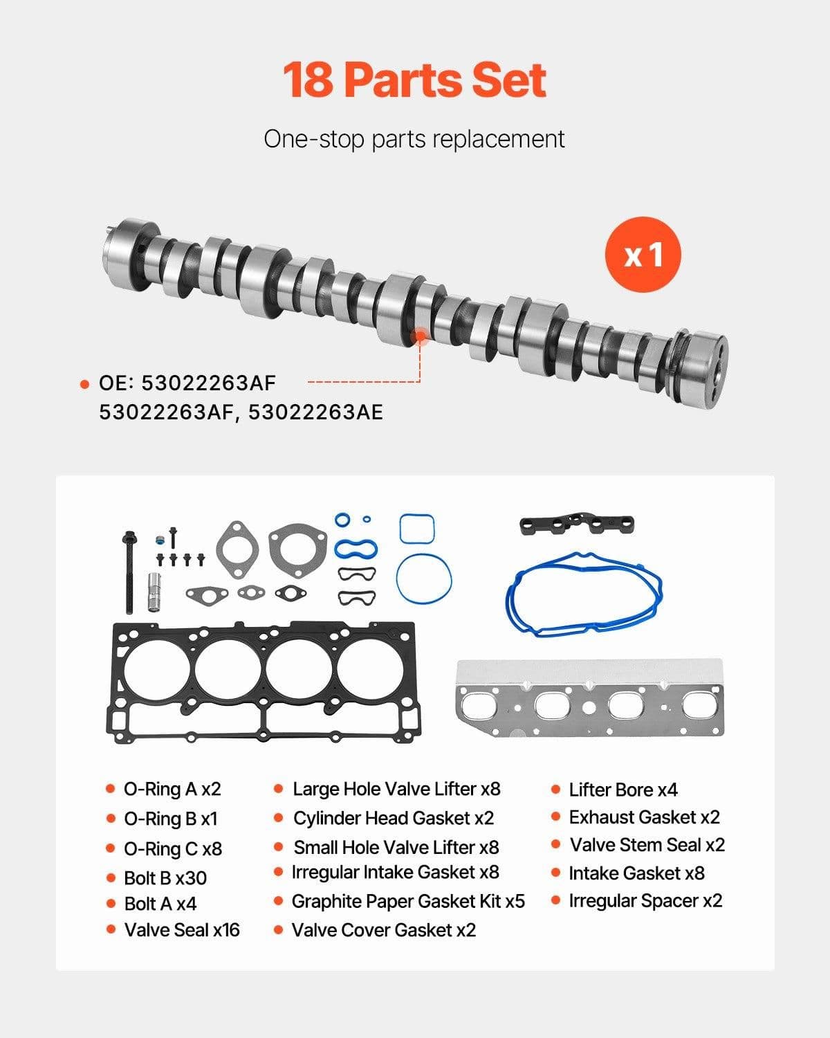 image-VEVOR Lifter Camshaft Kit, 18-Piece Set, Fits 2009-2021 Jeep Grand Cherokee, 2009-2021 Dodge Challenger, Fits 1999-2013 4.8L, 5.3L, and 5.7L LS-Based Engines, V8 5.7L
