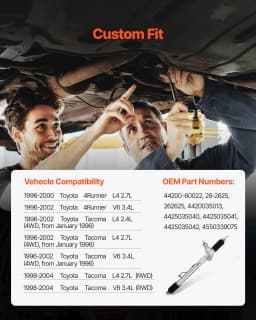 image-VEVOR Hydraulic Power Steering Rack and Pinion, with Dust Boot, Compatible with 1996-2000 Toyota 4Runner L4 2.7L, 1996-2002 Toyota 4Runner V6 3.4L, 1998-2004 Toyota Tacoma L4 2.7L / V6 3.4L (RWD)