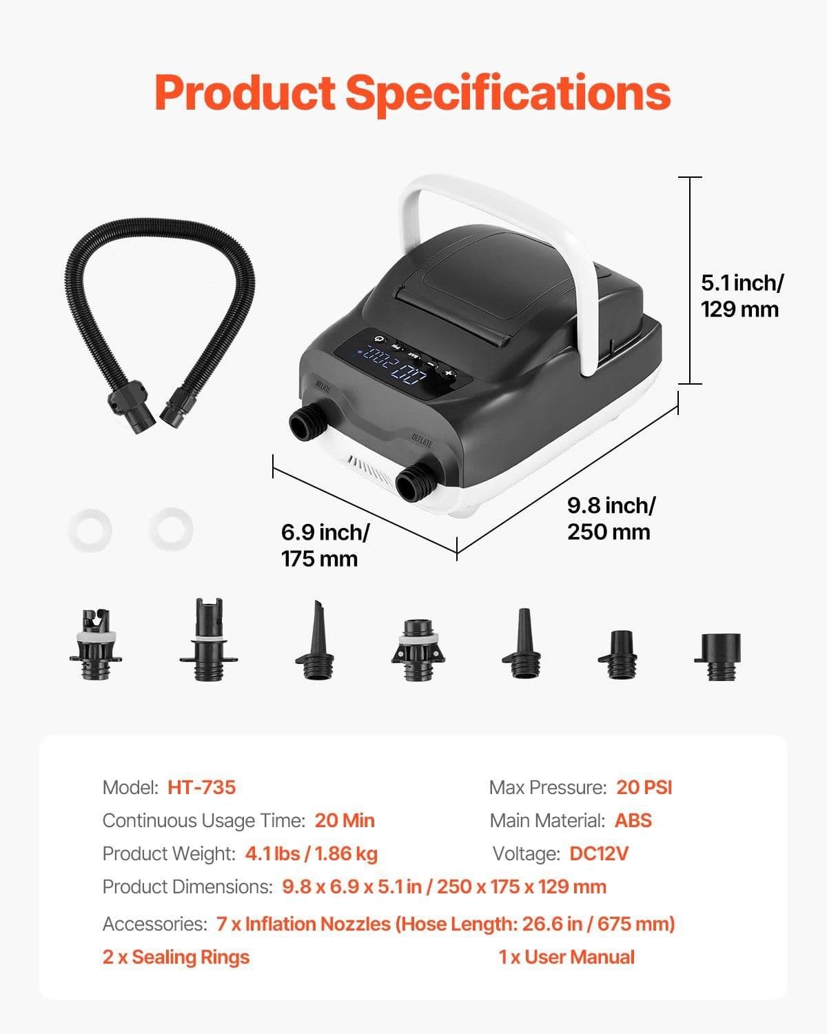 image-VEVOR Paddle Board Pump, 20PSI High Pressure, Dual Stage Inflation & Deflation SUP Air Pump with Auto-Off Function and 12V DC Car Connector, Ideal for Inflatable Paddle Board, Tent and Mattress