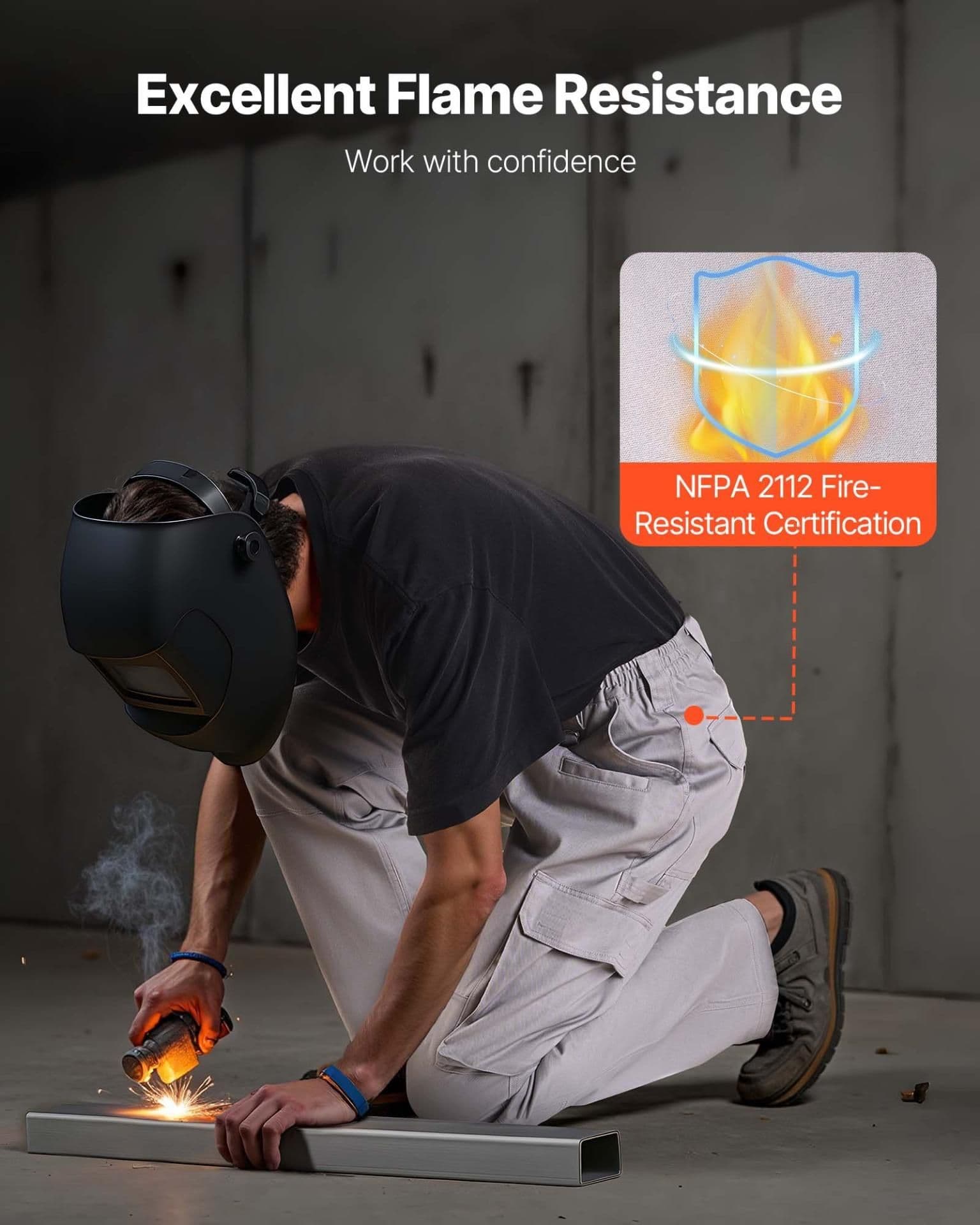 image-VEVOR FR Pants for Men, 9 oz 100% Cotton, Flame-Resistant Cargo Pants with Multi-Pockets and Elastic Waist, Reinforced Tear-proof Stitching, Ideal for Welding Work and Casual Wear, XL Size, Gray