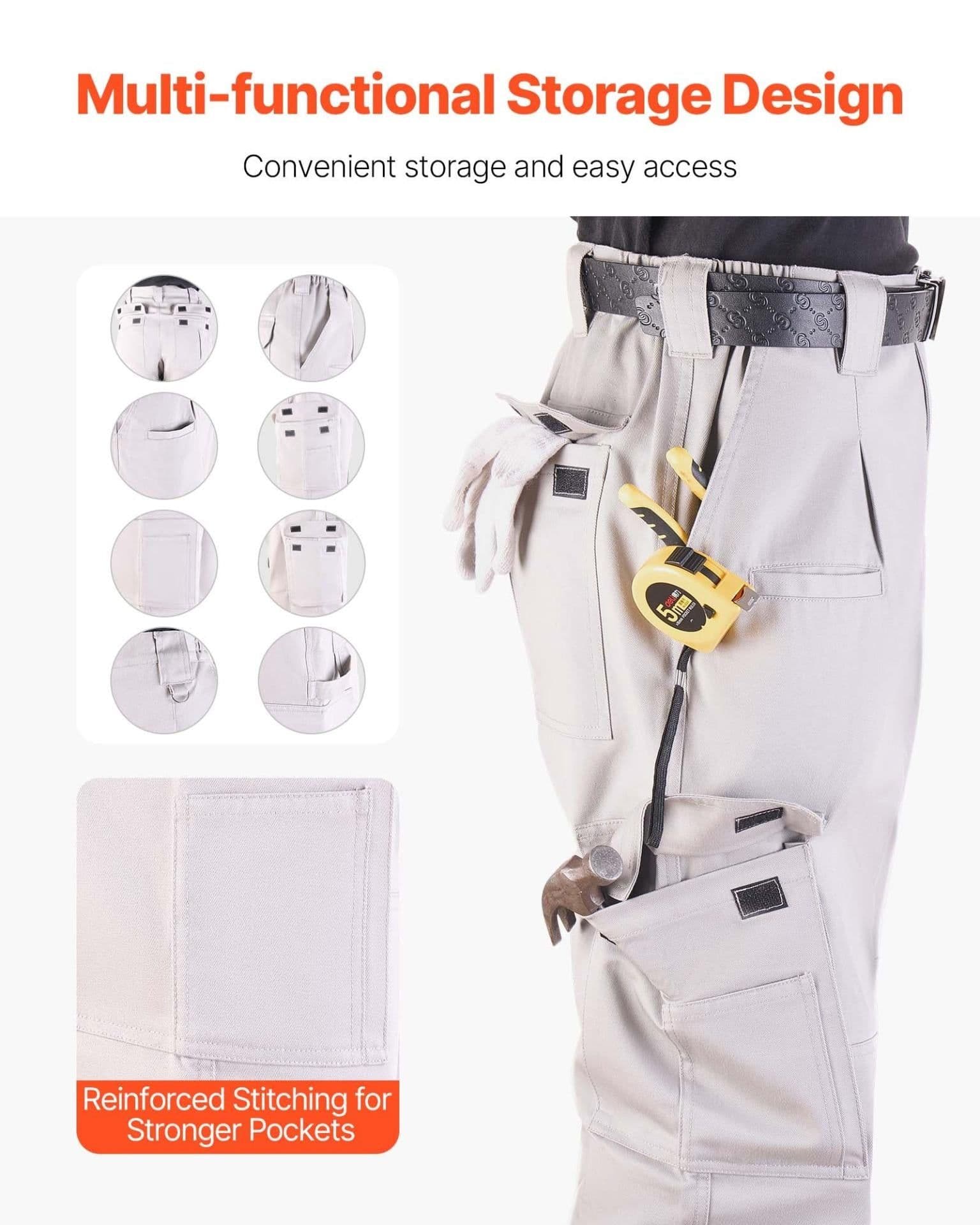 image-VEVOR FR Pants for Men, 9 oz 100% Cotton, Flame-Resistant Cargo Pants with Multi-Pockets and Elastic Waist, Reinforced Tear-proof Stitching, Ideal for Welding Work and Casual Wear, XL Size, Gray
