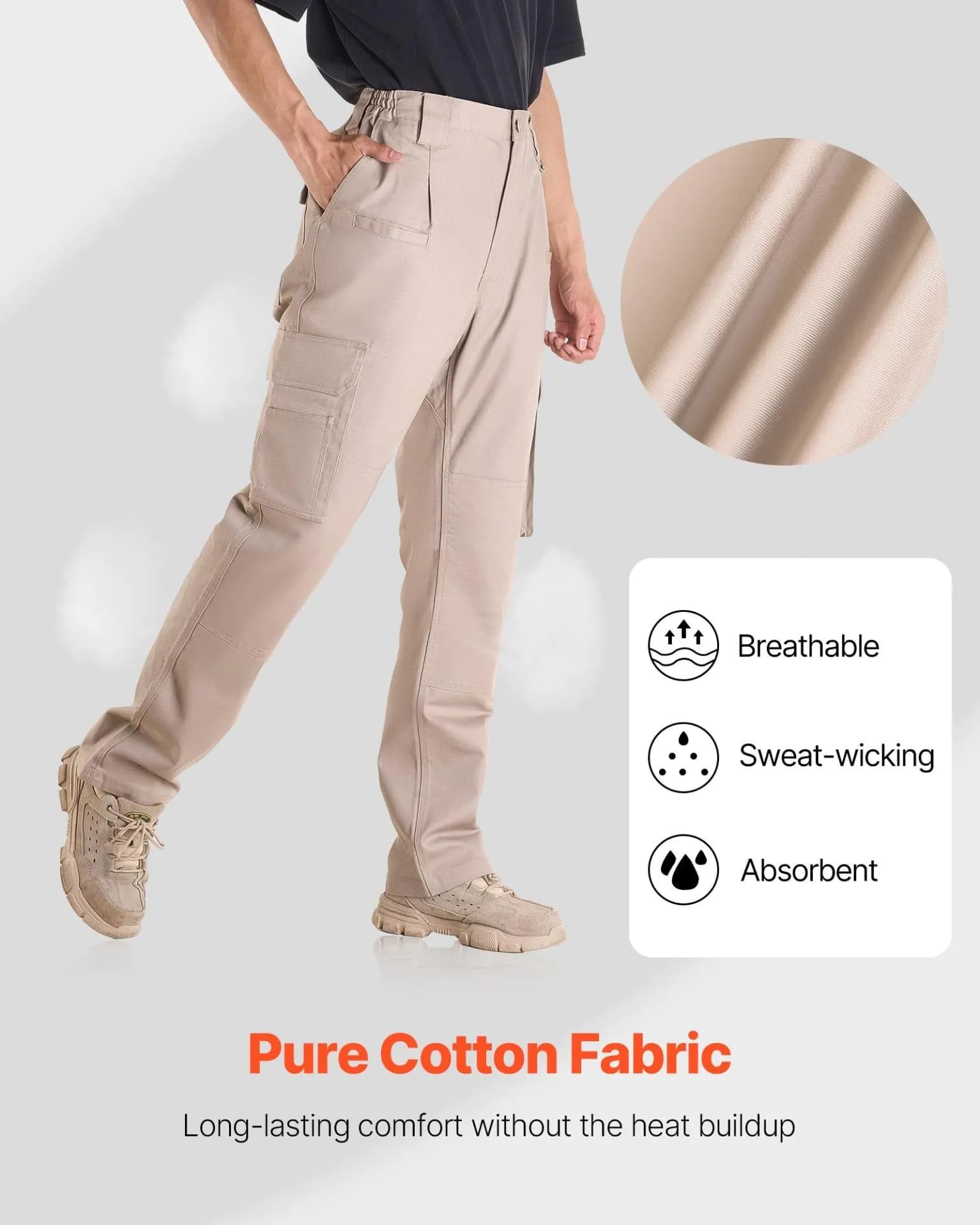 image-VEVOR FR Pants for Men, 9 oz 100% Cotton, Flame-Resistant Cargo Pants with Multi-Pockets and Elastic Waist, Reinforced Tear-proof Stitching, Ideal for Welding Work and Casual Wear, XXL Size, Khaki