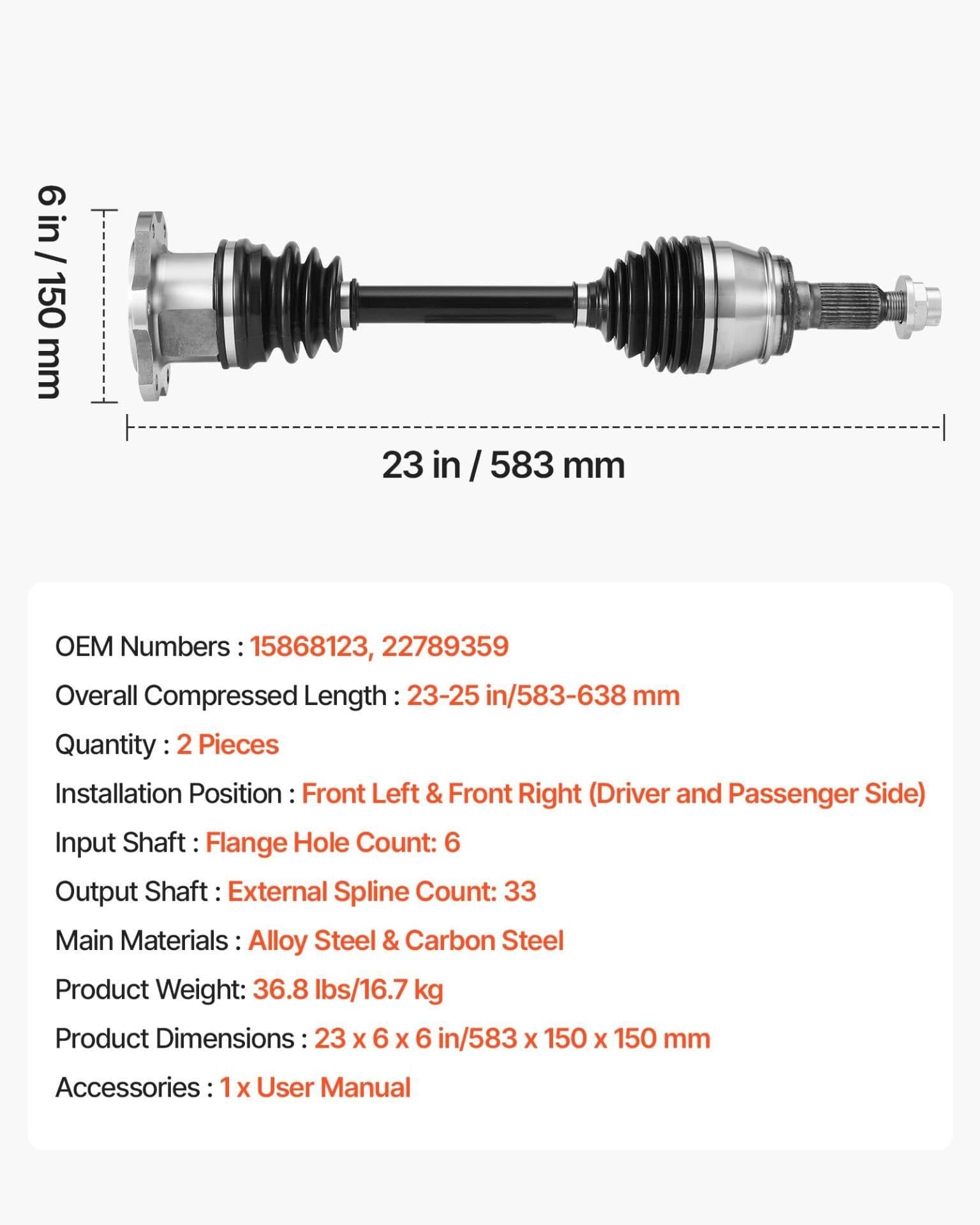 image-VEVOR CV Axle Shaft Assembly, 2 Pieces Front Left & Right (Driver and Passenger Side), Automotive Replacement CV Axles Pair Compatible with 2007-2020 Cadillac Escalade, Alloy Steel & Carbon Steel