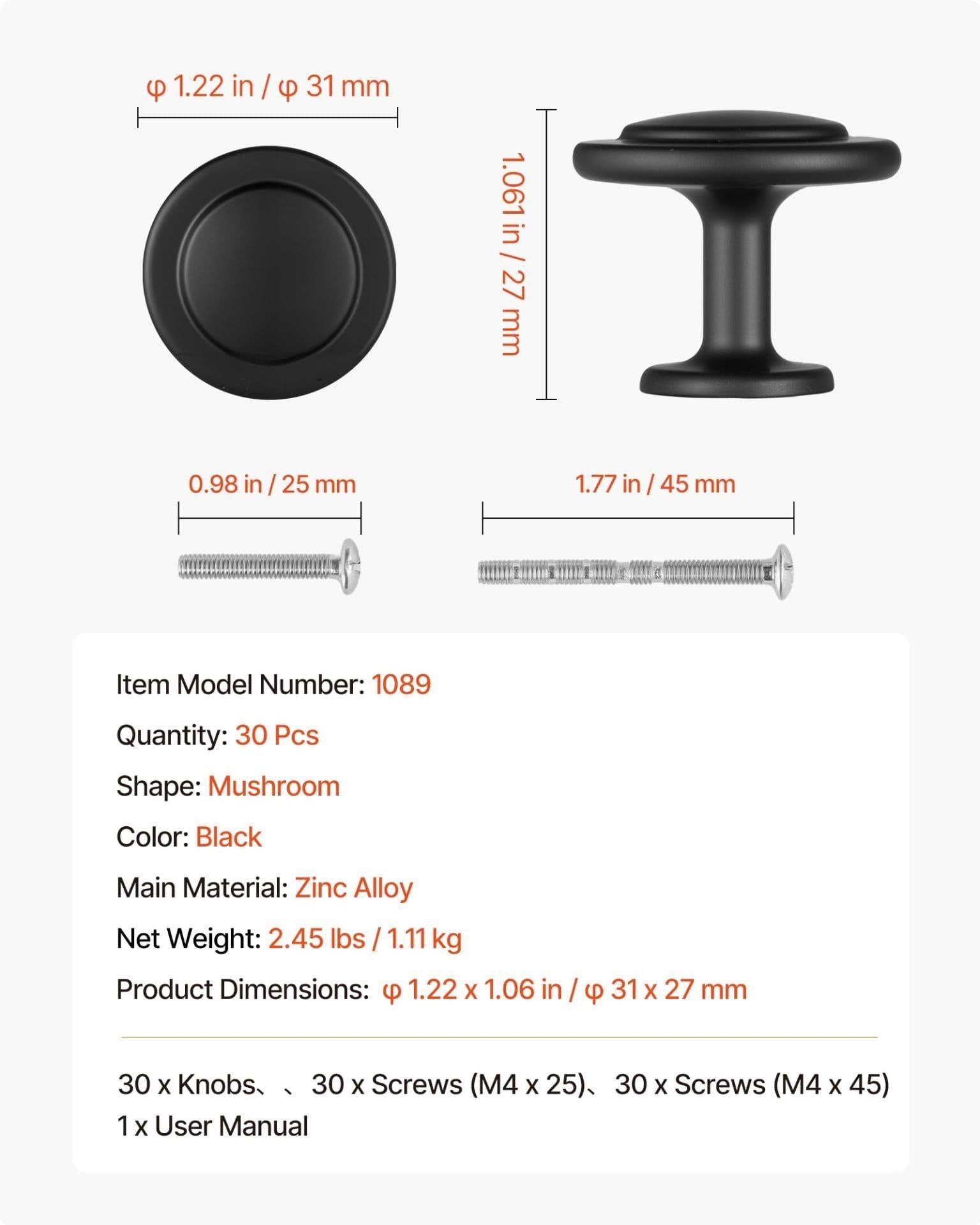image-VEVOR Cabinet Knobs, 30 Pack, 1.22 Inch Black Zinc Alloy Drawer Pulls & Door Handles, Mushroom Kitchen Solid Knobs Dresser Handles, Cupboard Hardware with Screws for Bathroom Closet Cabinets Drawers