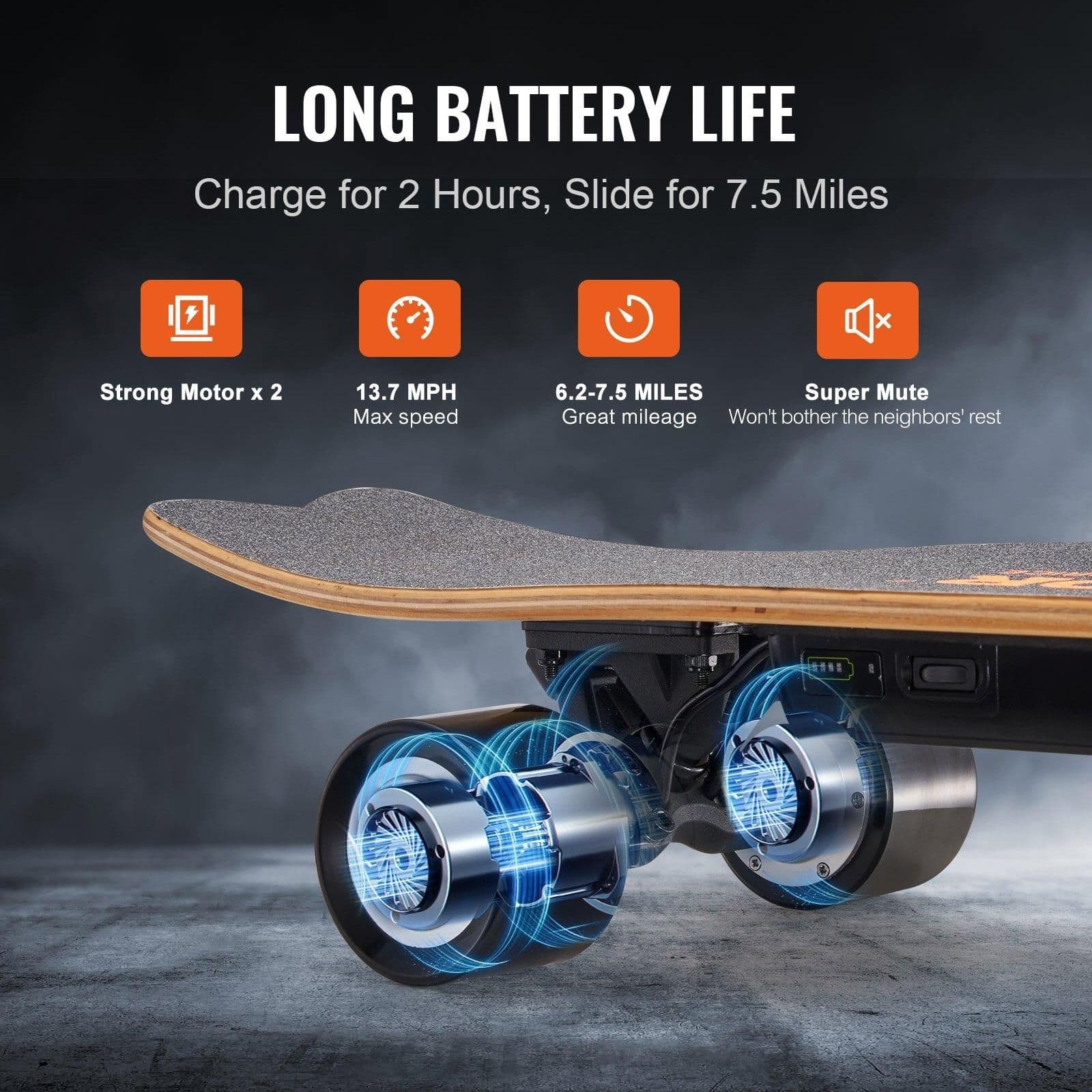 image-VEVOR Electric Skateboard with Remote, 13.7 Mph Top Speed & 7.5 Miles Max Range Skateboard Longboard, 3 Speeds Adjustment Skateboards, Easy Carry Handle Design, Suitable for Adults & Teens Beginners