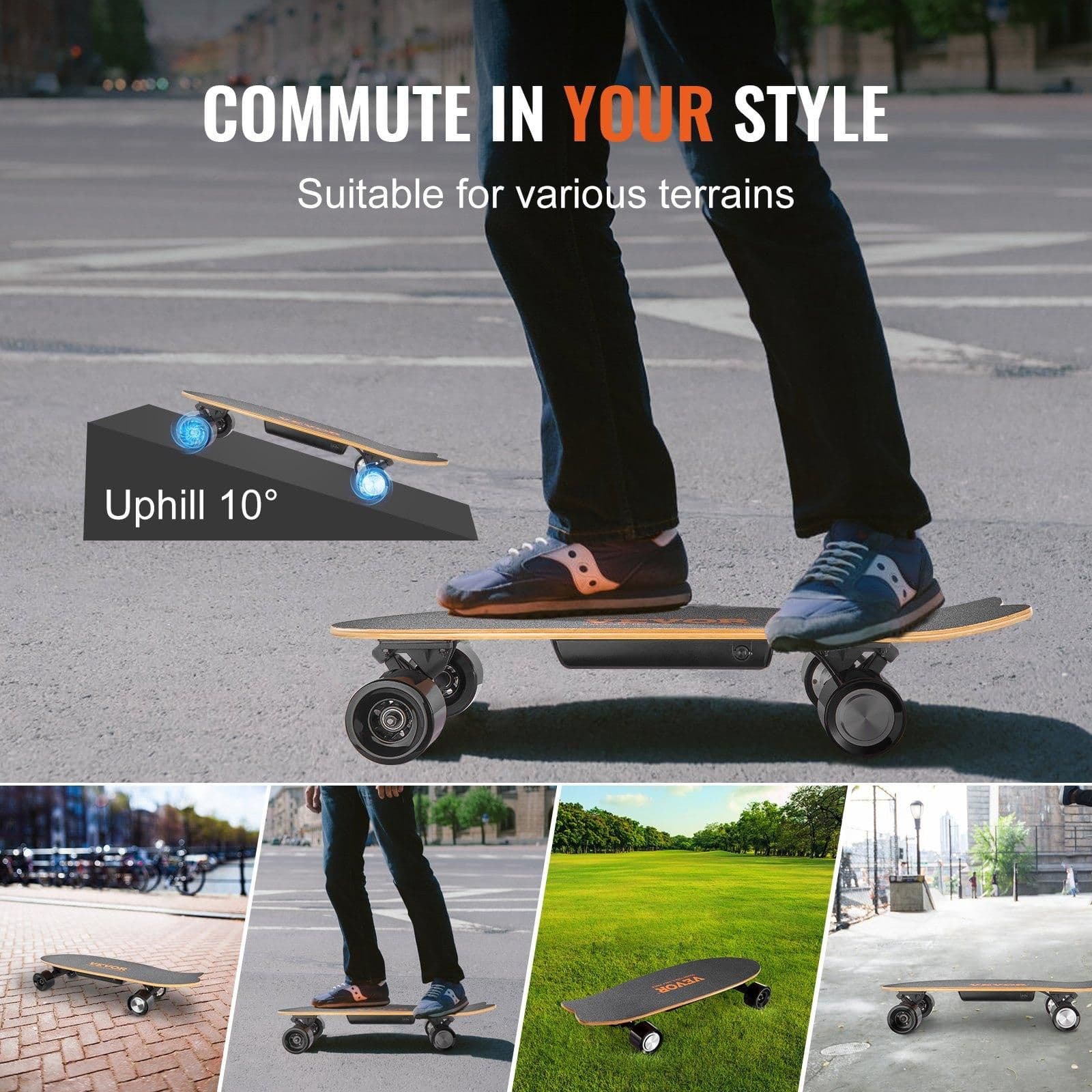 image-VEVOR Electric Skateboard with Remote, 13.7 Mph Top Speed & 7.5 Miles Max Range Skateboard Longboard, 3 Speeds Adjustment Skateboards, Easy Carry Handle Design, Suitable for Adults & Teens Beginners