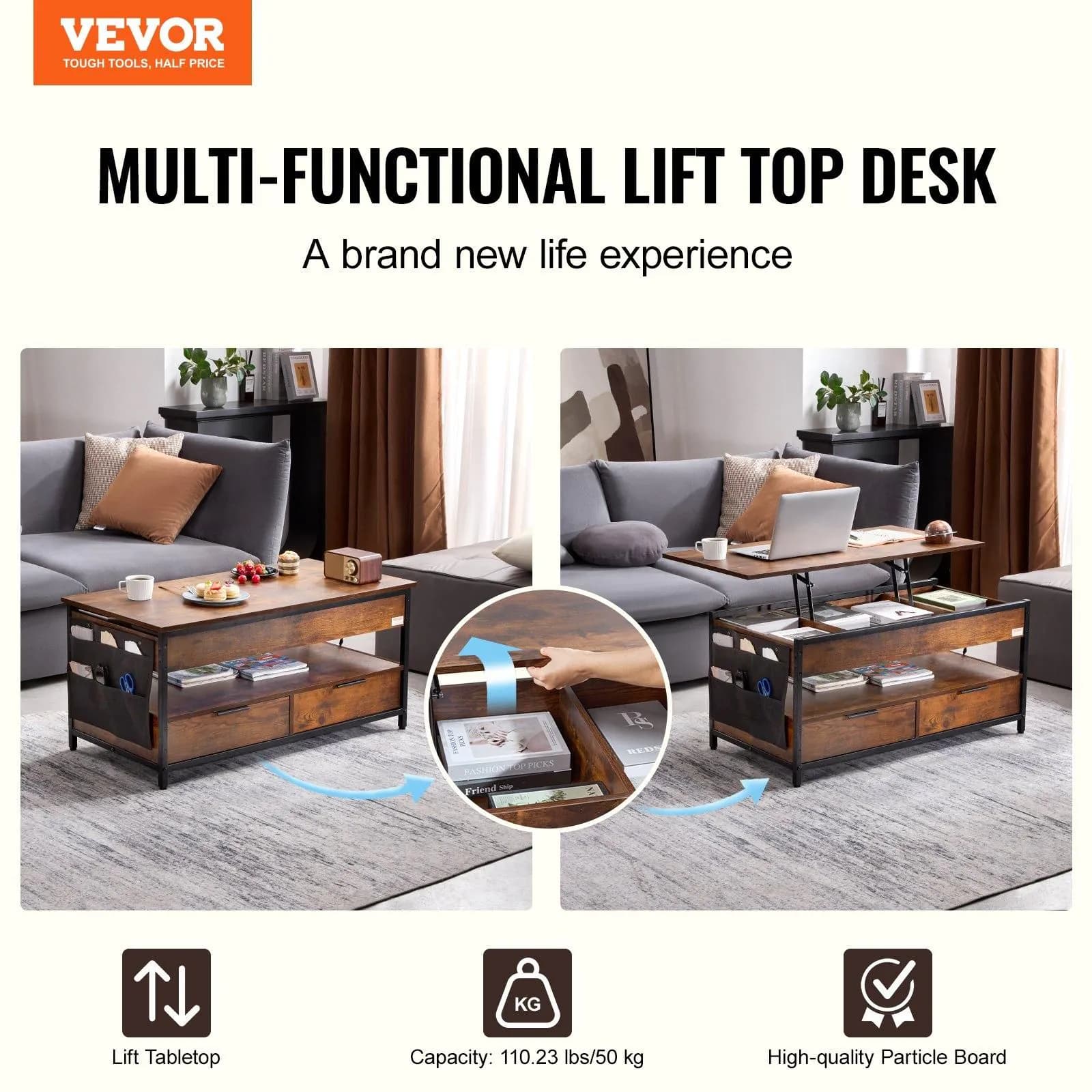 image-VEVOR Lift Top Coffee Table, 39.4 in Rectangle Coffee Table with Extra Storage Pockets, Pop Up Coffee Table with Power Strip & USB & Ambient Lighting for Living Room, Brown