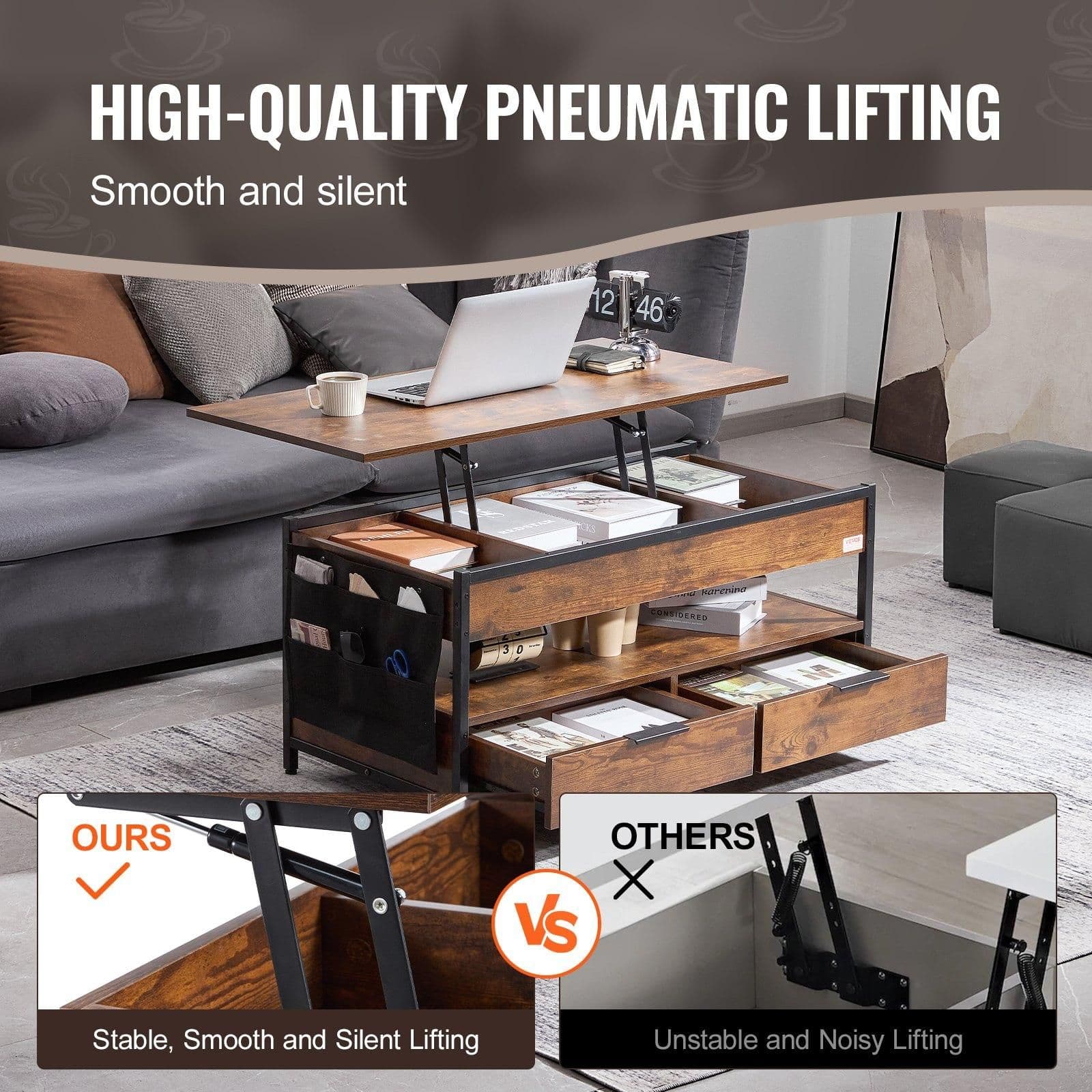 image-VEVOR Lift Top Coffee Table, 39.4 in Rectangle Coffee Table with Extra Storage Pockets, Pop Up Coffee Table with Power Strip & USB & Ambient Lighting for Living Room, Brown