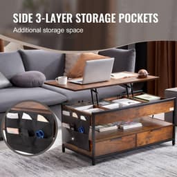 image-VEVOR Lift Top Coffee Table, 39.4 in Rectangle Coffee Table with Extra Storage Pockets, Pop Up Coffee Table with Power Strip & USB & Ambient Lighting for Living Room, Brown