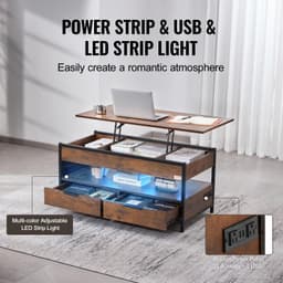 image-VEVOR Lift Top Coffee Table, 39.4 in Rectangle Coffee Table with Extra Storage Pockets, Pop Up Coffee Table with Power Strip & USB & Ambient Lighting for Living Room, Brown