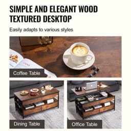 image-VEVOR Lift Top Coffee Table, 39.4 in Rectangle Coffee Table with Extra Storage Pockets, Pop Up Coffee Table with Power Strip & USB & Ambient Lighting for Living Room, Brown