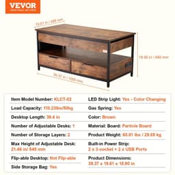 image-VEVOR Lift Top Coffee Table, 39.4 in Rectangle Coffee Table with Extra Storage Pockets, Pop Up Coffee Table with Power Strip & USB & Ambient Lighting for Living Room, Brown