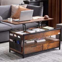 image-VEVOR Lift Top Coffee Table, 39.4 in Rectangle Coffee Table with Extra Storage Pockets, Pop Up Coffee Table with Power Strip & USB & Ambient Lighting for Living Room, Brown