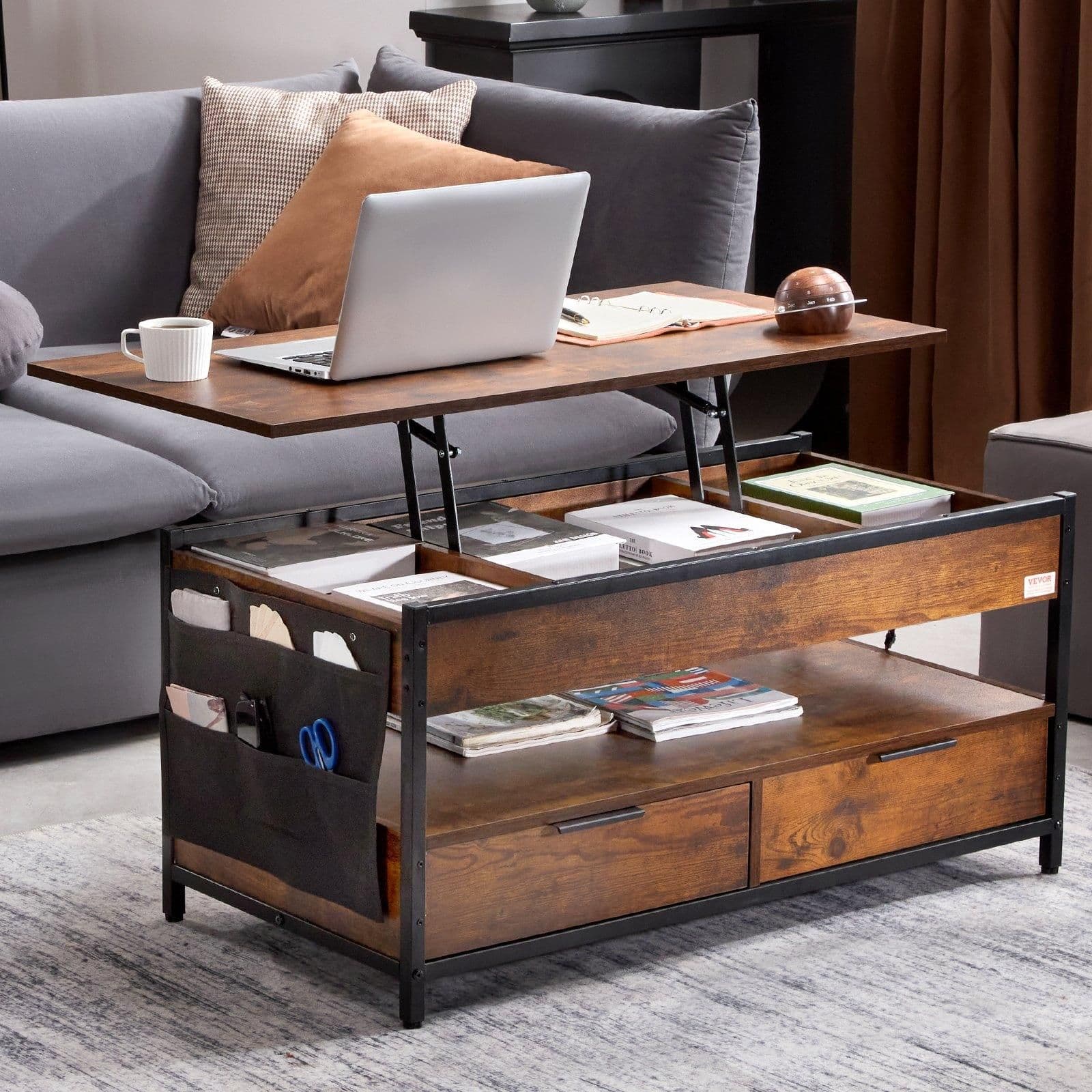 image-VEVOR Lift Top Coffee Table, 39.4 in Rectangle Coffee Table with Extra Storage Pockets, Pop Up Coffee Table with Power Strip & USB & Ambient Lighting for Living Room, Brown