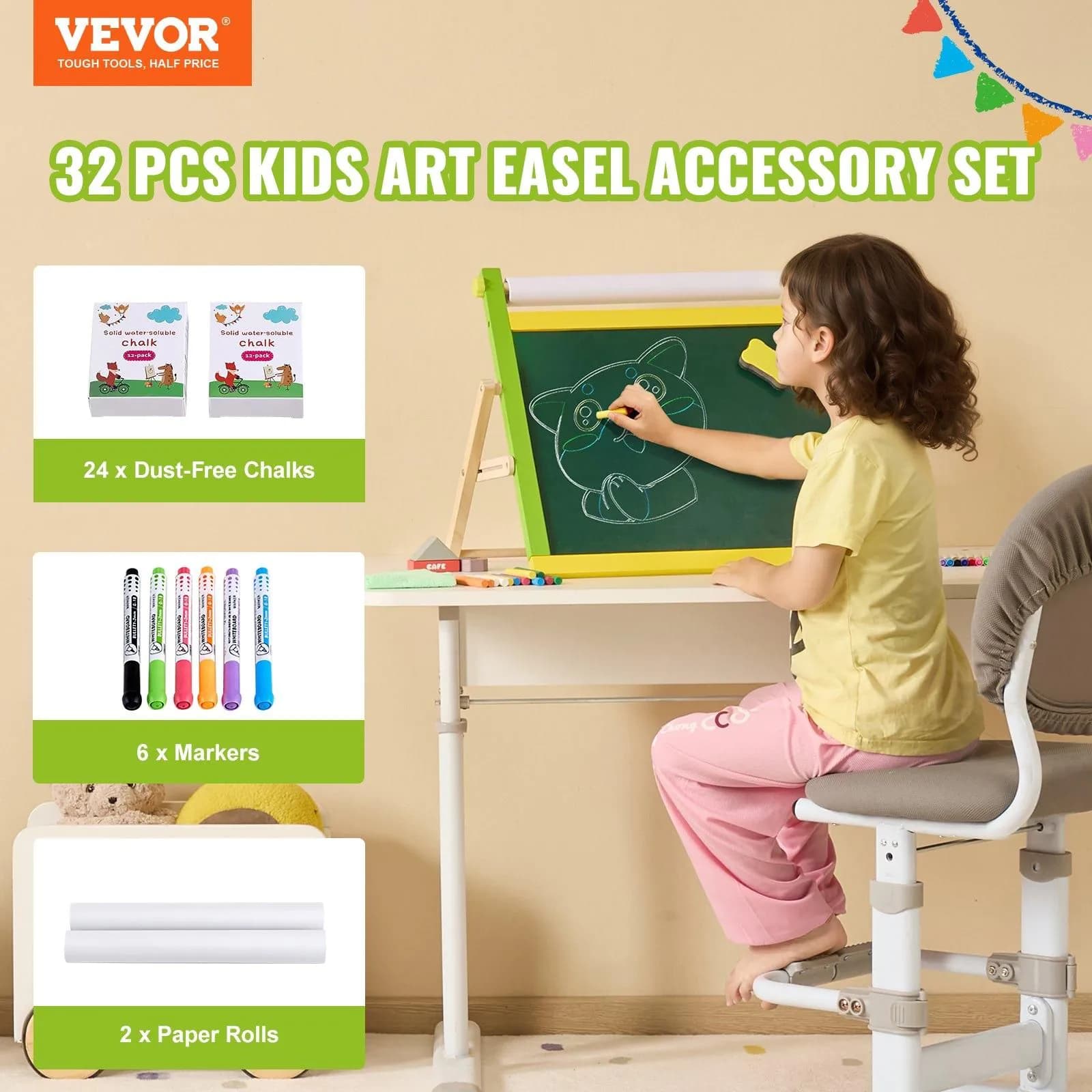 image-VEVOR Easel Accessory Set, 32 PCS Kid's Art Easel Painting Kit Including Chalks, Dry-Erase Markers & Paper Rolls, Supplies Set for Tabletop Art Easel, Painting Accessories for Toddlers Boys and Girls