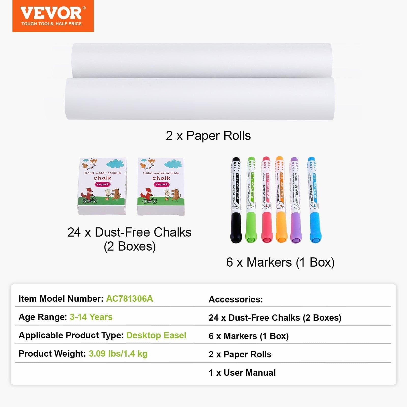 image-VEVOR Easel Accessory Set, 32 PCS Kid's Art Easel Painting Kit Including Chalks, Dry-Erase Markers & Paper Rolls, Supplies Set for Tabletop Art Easel, Painting Accessories for Toddlers Boys and Girls