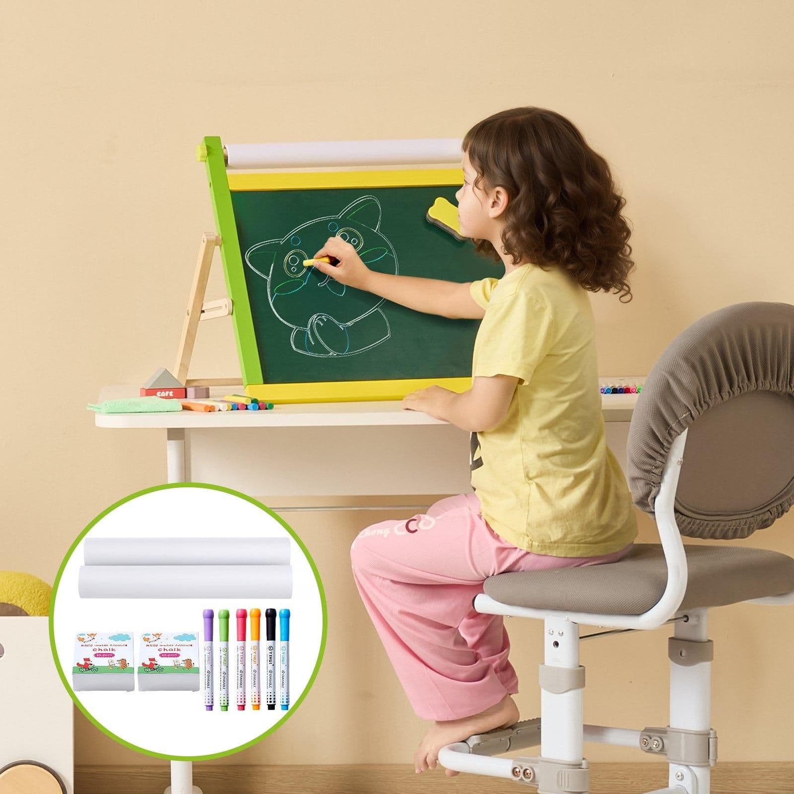 image-VEVOR Easel Accessory Set, 32 PCS Kid's Art Easel Painting Kit Including Chalks, Dry-Erase Markers & Paper Rolls, Supplies Set for Tabletop Art Easel, Painting Accessories for Toddlers Boys and Girls
