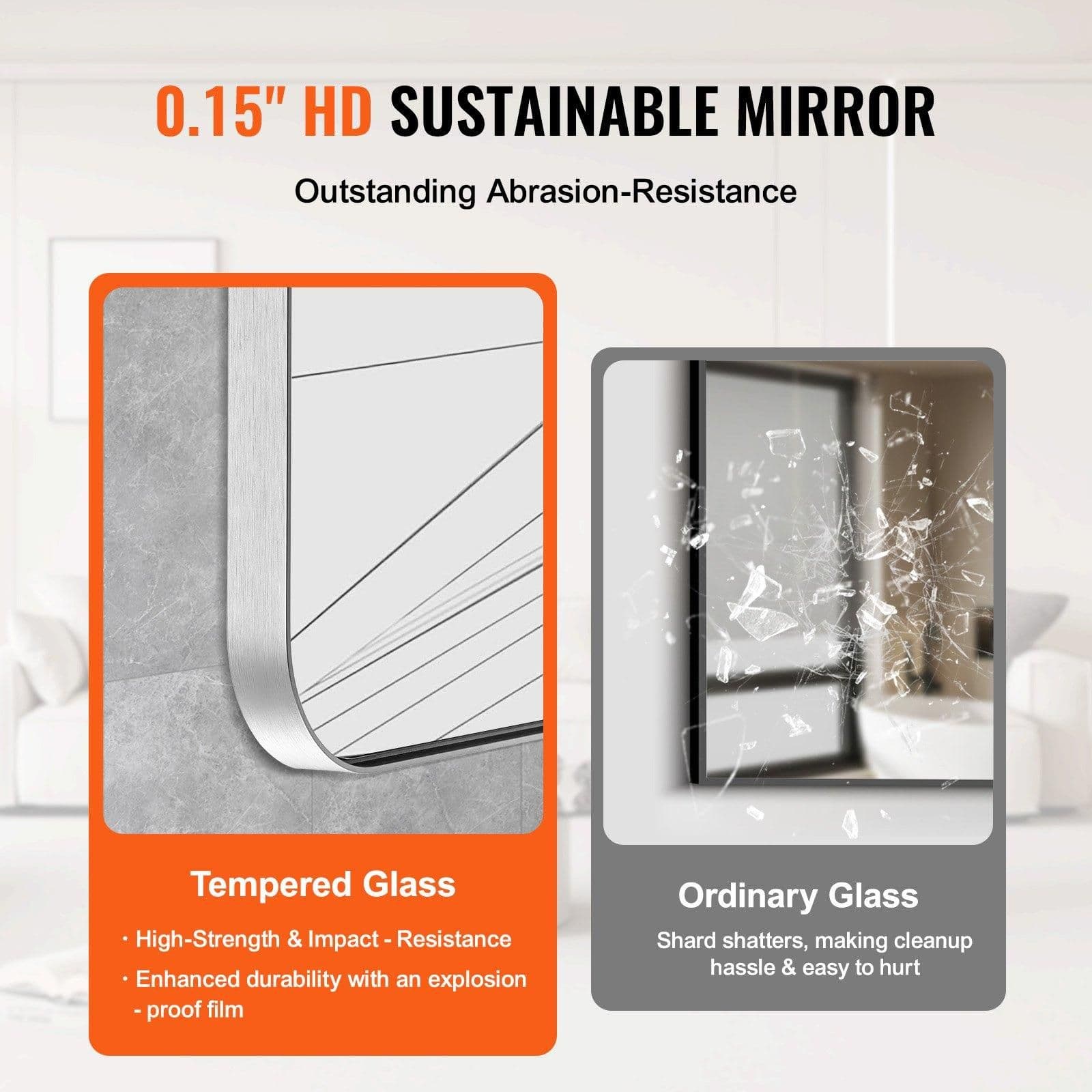 image-VEVOR Wall Mounted Makeup Mirror, 0.15" Thick, 22" x 30" Mirror with Aluminium Alloy Frame & Explosion-Proof Film, Scratch-Resistant Mirror with Z-Shaped Bracket, Fit for Bathroom/Bedroom/Living Room