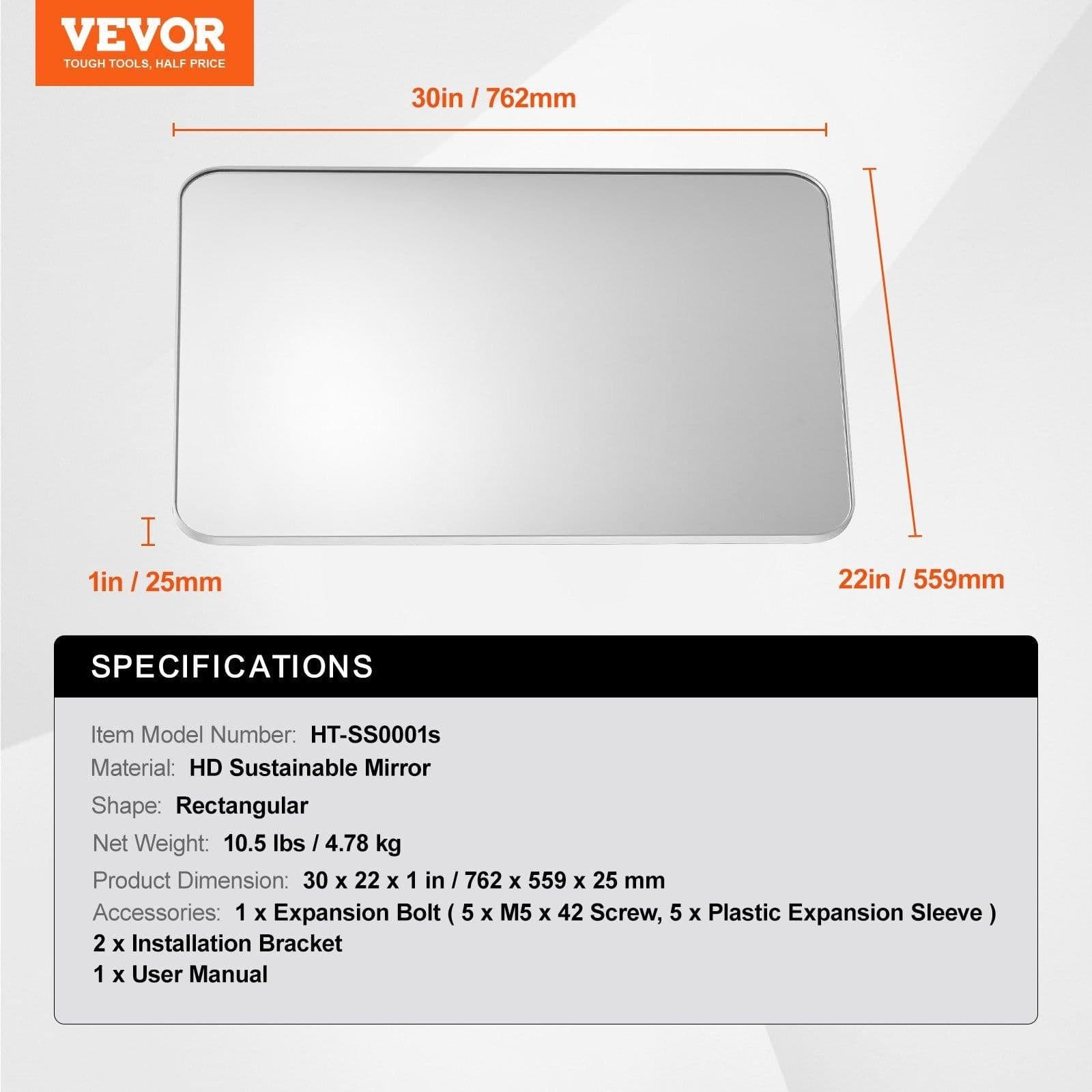 image-VEVOR Wall Mounted Makeup Mirror, 0.15" Thick, 22" x 30" Mirror with Aluminium Alloy Frame & Explosion-Proof Film, Scratch-Resistant Mirror with Z-Shaped Bracket, Fit for Bathroom/Bedroom/Living Room