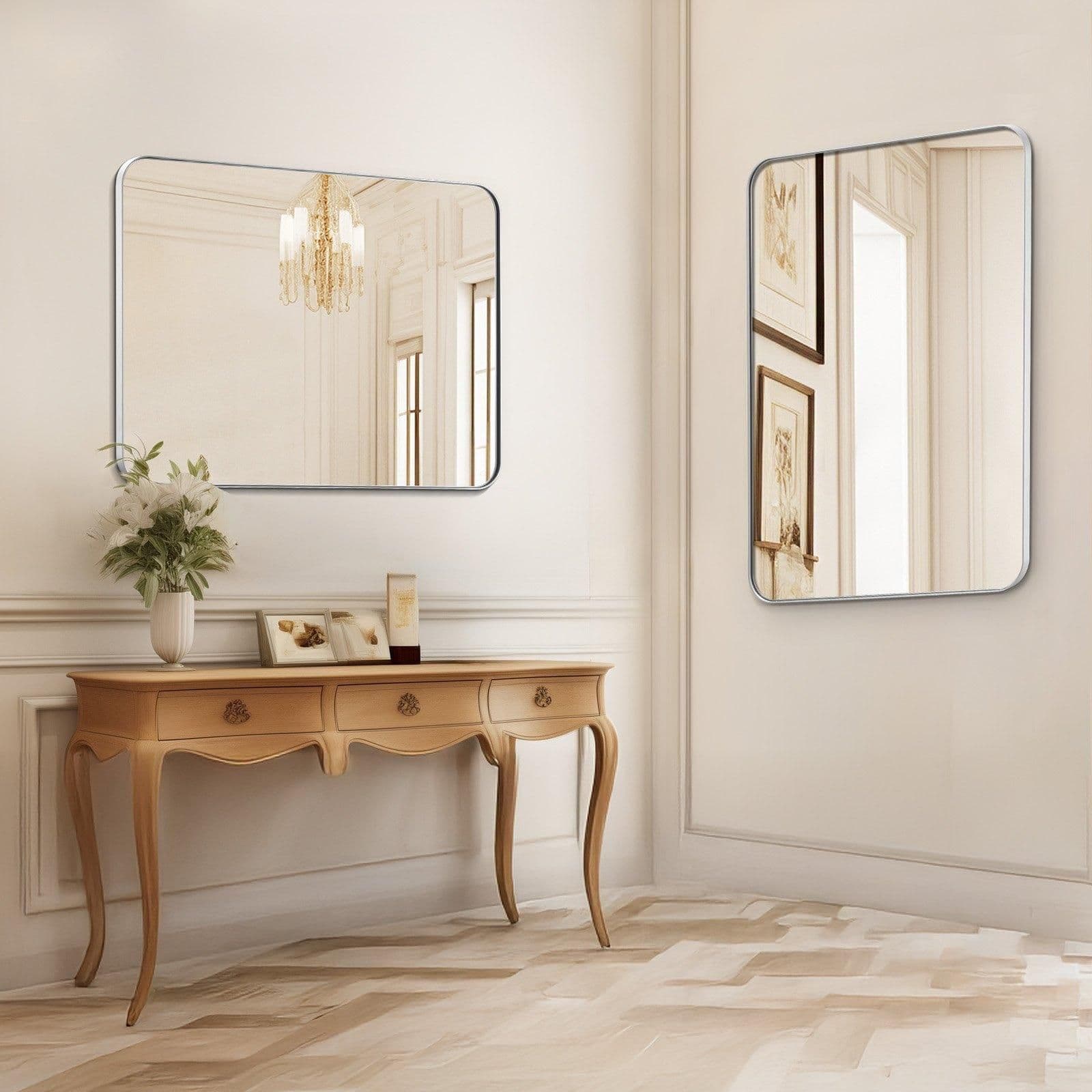 image-VEVOR Wall Mounted Makeup Mirror, 0.15" Thick, 22" x 30" Mirror with Aluminium Alloy Frame & Explosion-Proof Film, Scratch-Resistant Mirror with Z-Shaped Bracket, Fit for Bathroom/Bedroom/Living Room
