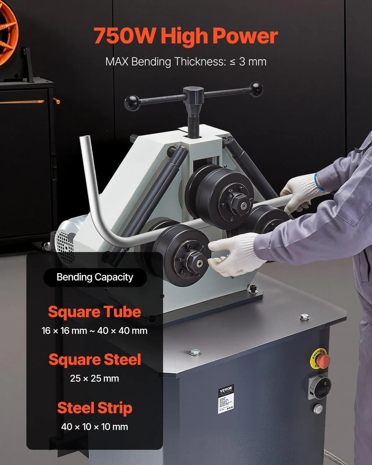 image-VEVOR 750W Electric Roll Bending Machine, 3-Roller Electric Pipe Bender Machine with 180° Maximum Bending Angle & Reversible Foot Switch, Support Horizontal/Vertical Operation (220V 60Hz 3-Phase)