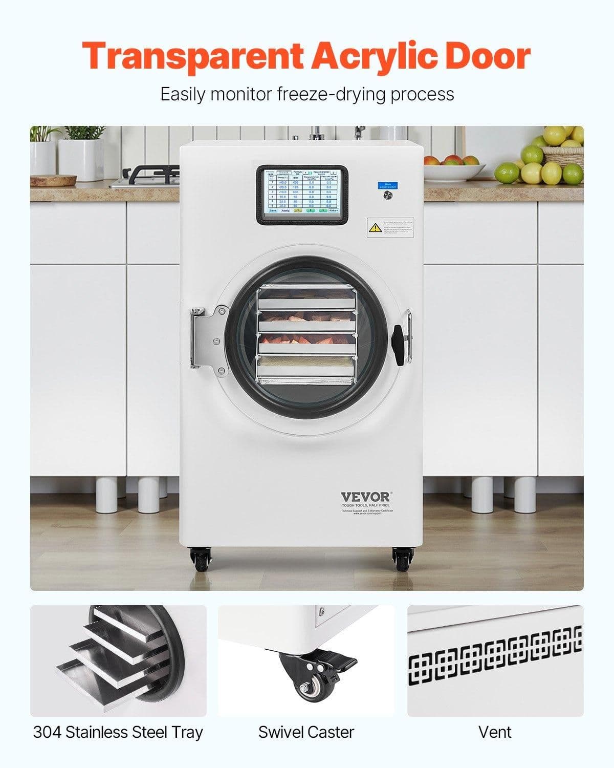 image-VEVOR Vacuum Freeze Dryer Machine, 8.8-13.2 LBS/Batch Food Freeze Drying Machine with 4-Layer Trays, Vacuum Pump, Adjustable Timer and Temperature Control, for Fruits Vegetables Meat, White