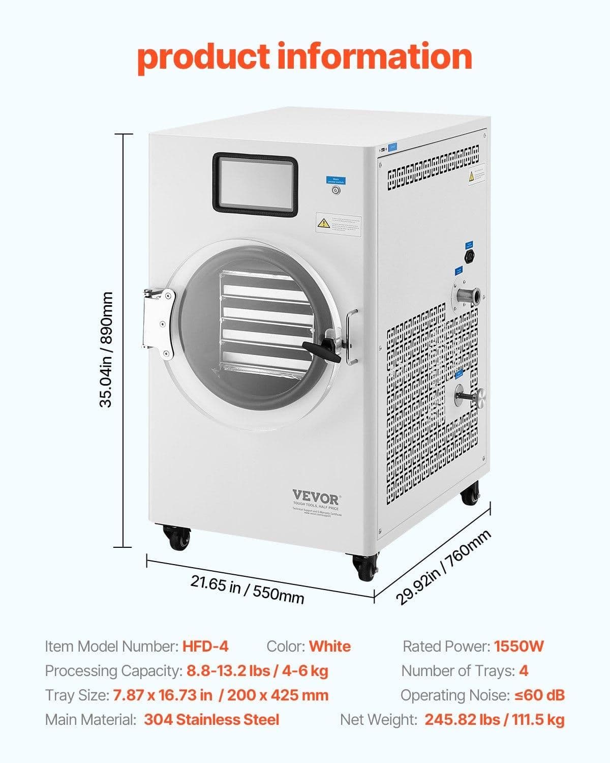 image-VEVOR Vacuum Freeze Dryer Machine, 8.8-13.2 LBS/Batch Food Freeze Drying Machine with 4-Layer Trays, Vacuum Pump, Adjustable Timer and Temperature Control, for Fruits Vegetables Meat, White
