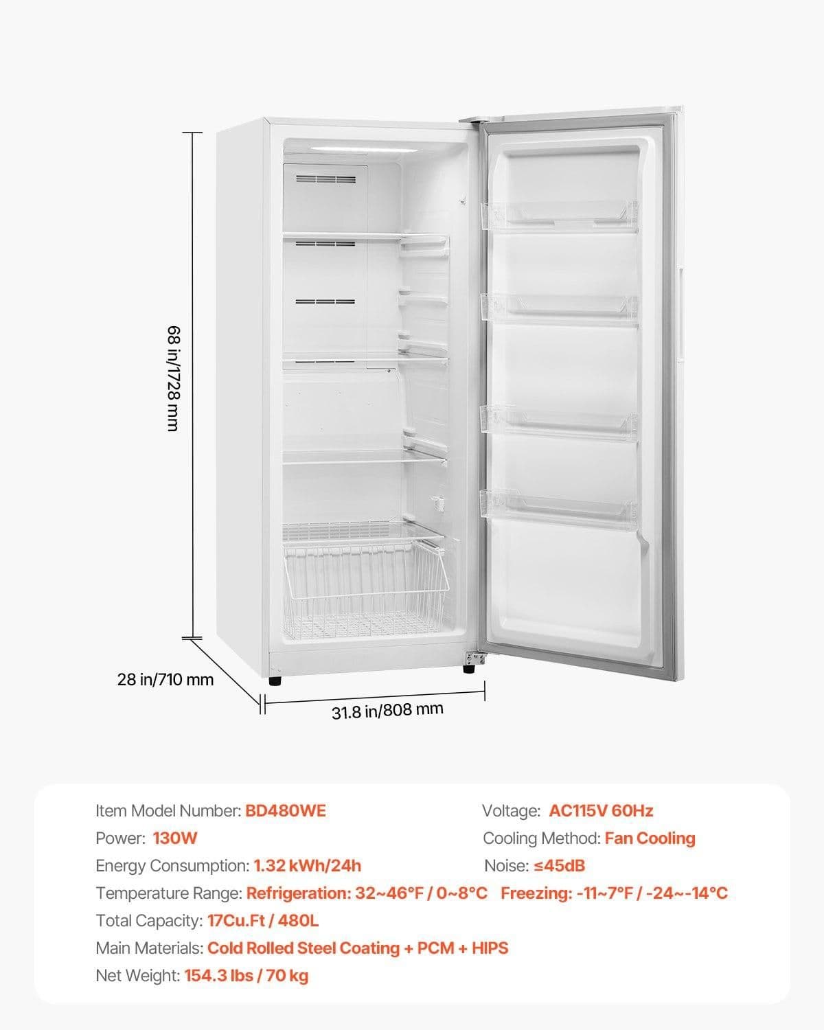 image-VEVOR Convertible Freezer/Refrigerator, 17 Cu.Ft Frost Free Upright Freezer with Temp Control Panel, Door Open too Long Alarm, Adjustable Shelves and LED, Standing Fridge for Kitchen, Office, Garage