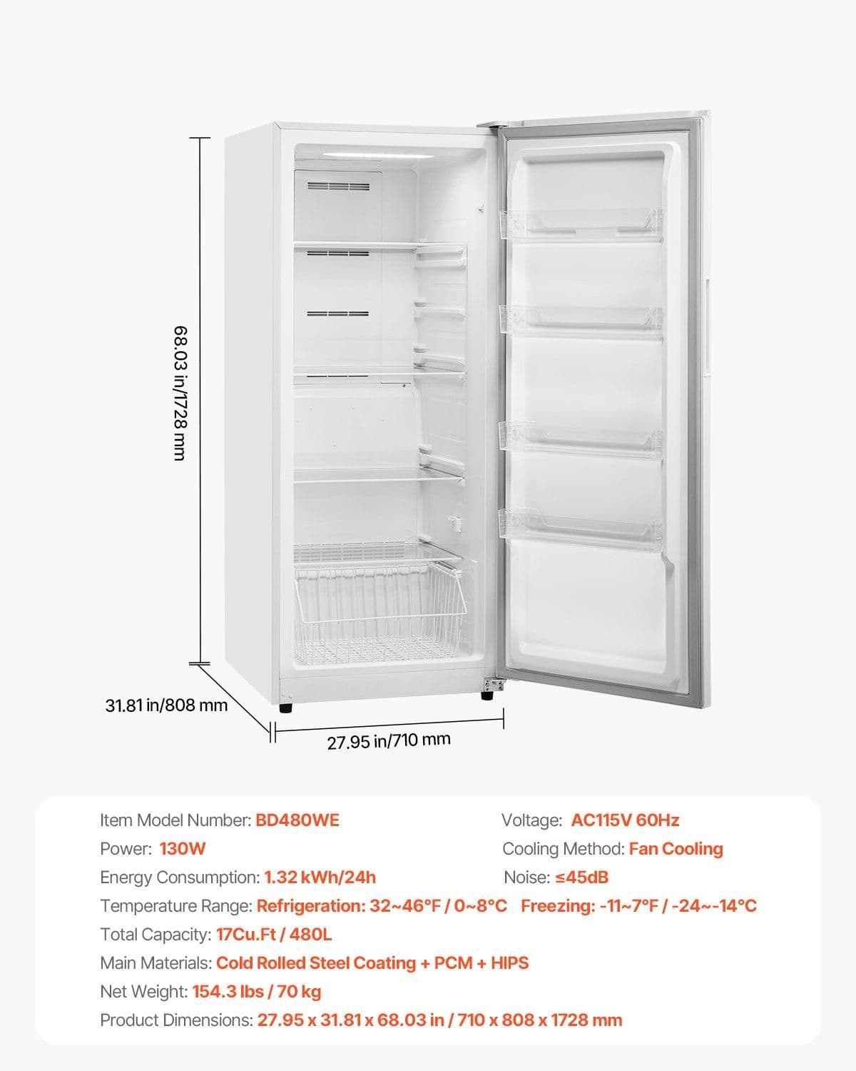 image-VEVOR Convertible Freezer/Refrigerator, 17 Cu.Ft Frost Free Upright Freezer with Temp Control Panel, Door Open too Long Alarm, Adjustable Shelves and LED, Standing Fridge for Kitchen, Office, Garage