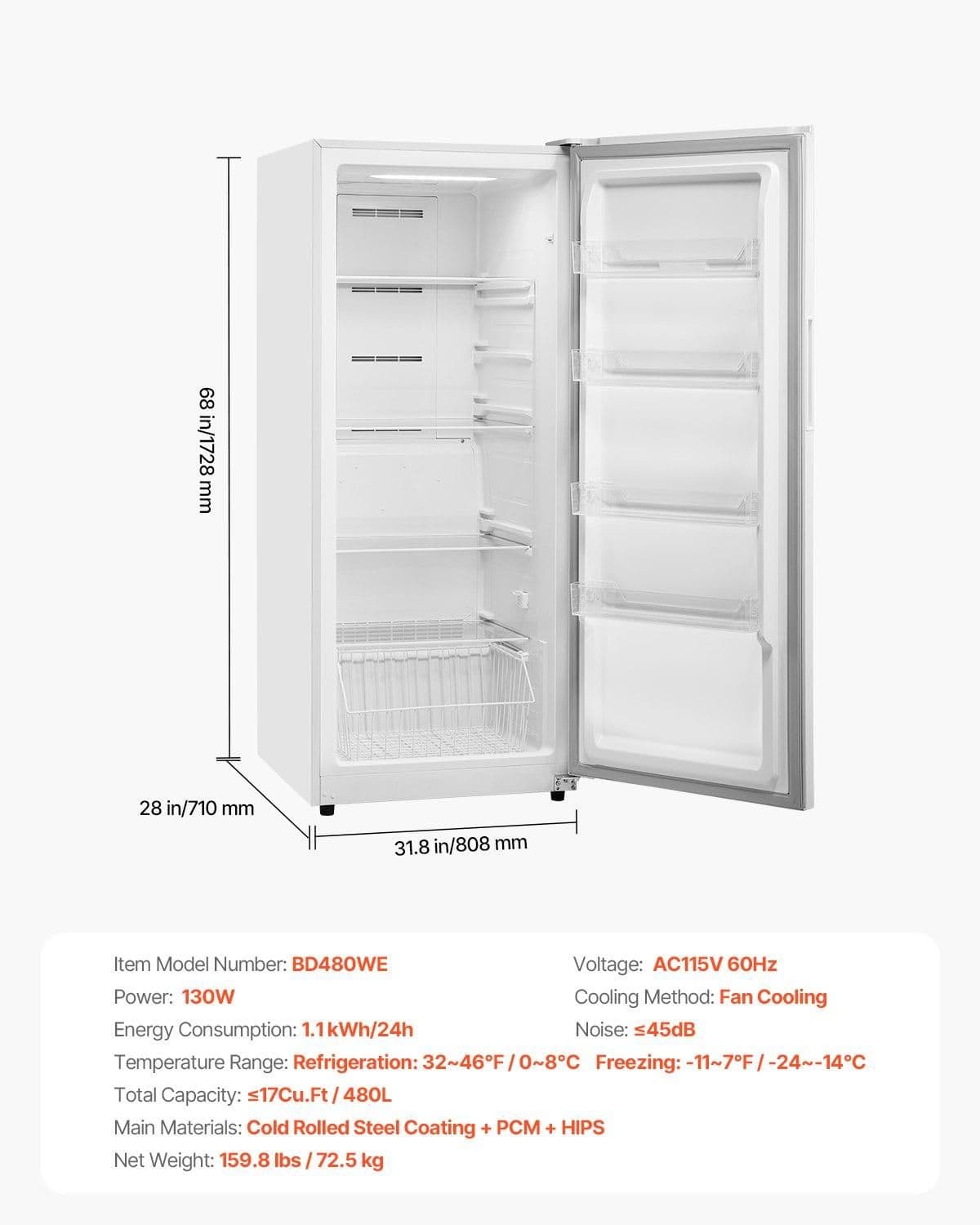 image-VEVOR Convertible Freezer/Refrigerator, 17 Cu.Ft Frost Free Upright Freezer with Temp Control Panel, Door Open too Long Alarm, Adjustable Shelves and LED, Standing Fridge for Kitchen, Office, Garage