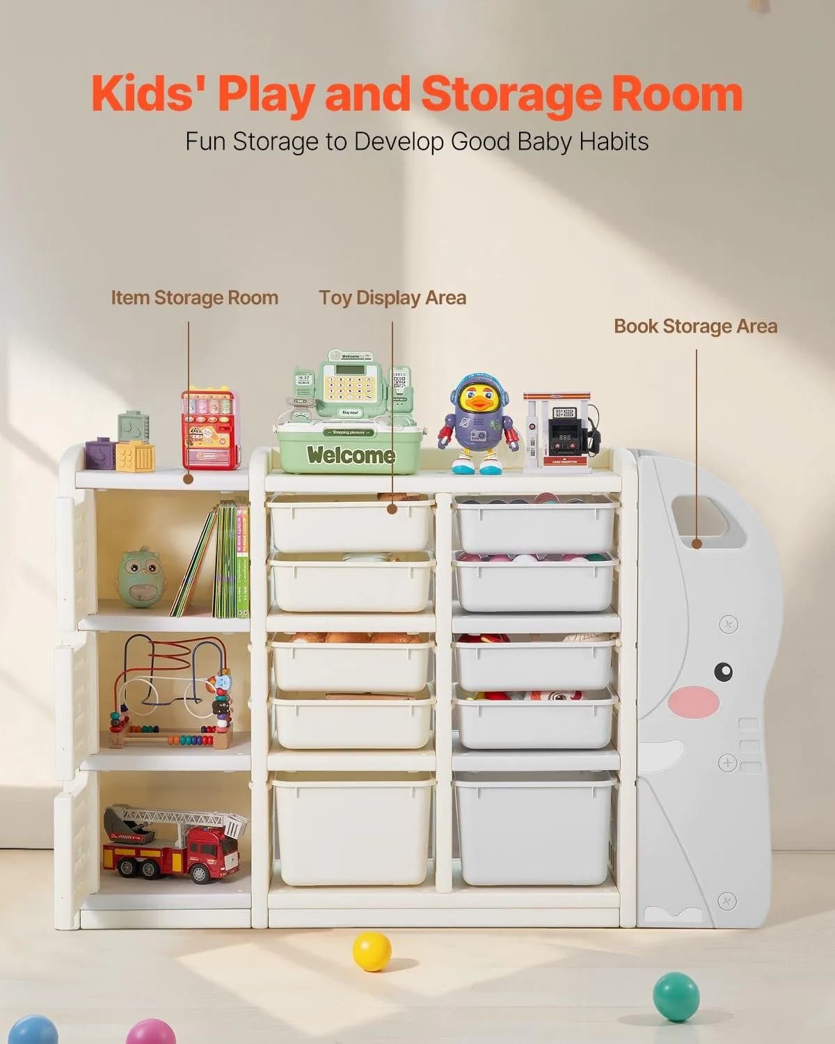 image-VEVOR Kids Toy Storage, 4-Tier Elephant-Shape Toy Storage Organizer with 10 Plastic Movable Bins, Kids Cubby Cabinet Made from HDPE for Study Room, Bedroom, Playroom, Classroom, Nursery, Gray + Beige