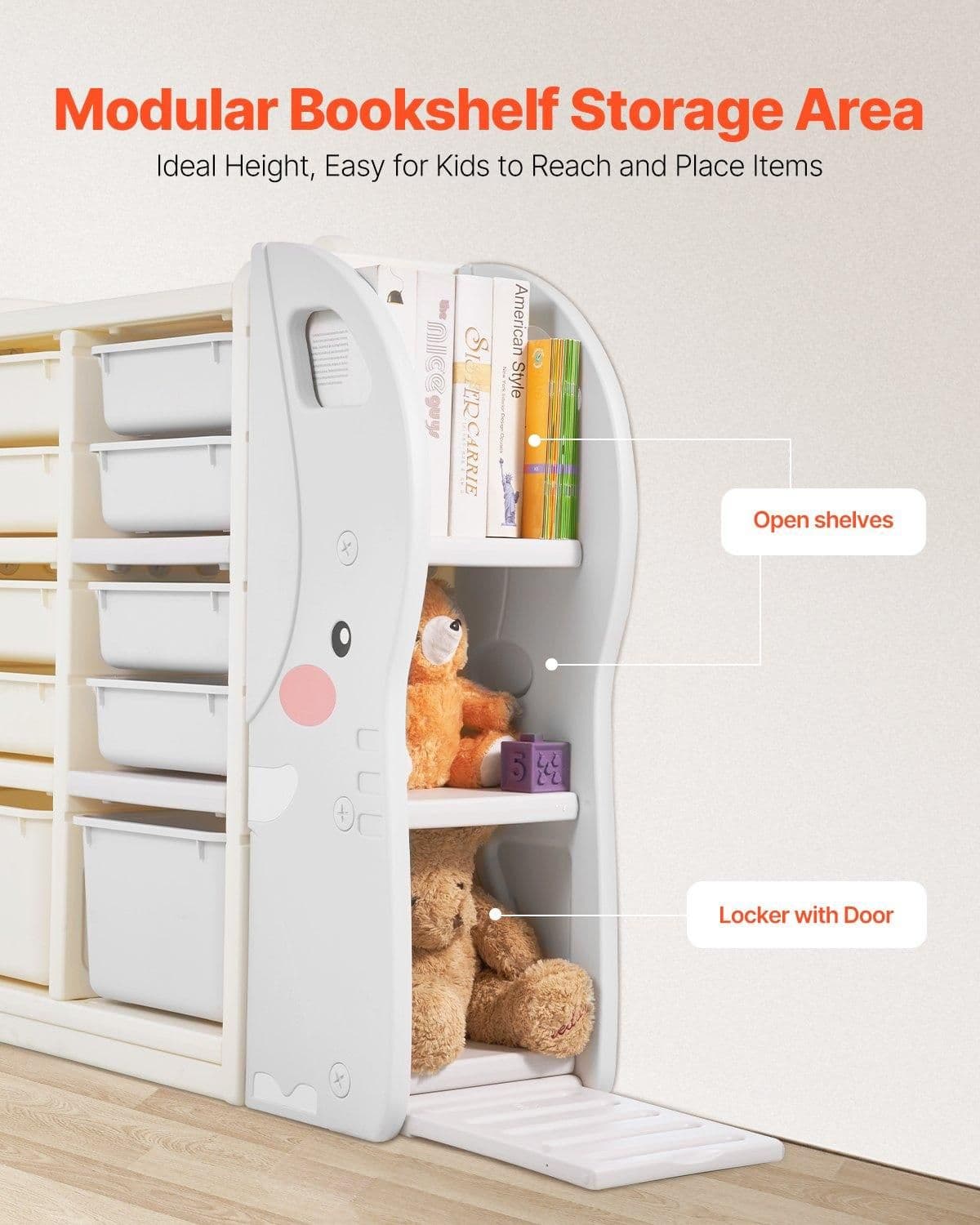 image-VEVOR Kids Toy Storage, 4-Tier Elephant-Shape Toy Storage Organizer with 10 Plastic Movable Bins, Kids Cubby Cabinet Made from HDPE for Study Room, Bedroom, Playroom, Classroom, Nursery, Gray + Beige